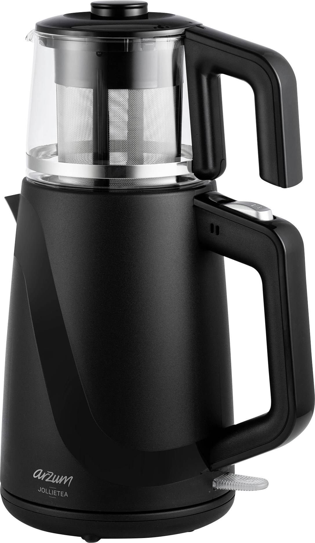 Une théière noire avec couvercle en verre et filtre en acier inoxydable. Élégante et moderne, adaptée à la préparation du thé.