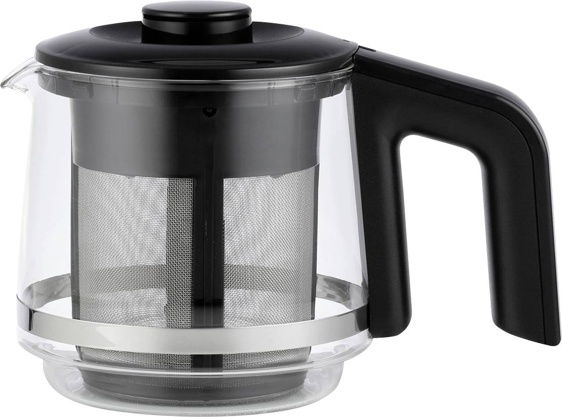 Théière en verre transparente avec couvercle et poignée noirs. Comprend un infuseur à thé en acier inoxydable. Idéale pour la préparation du thé.