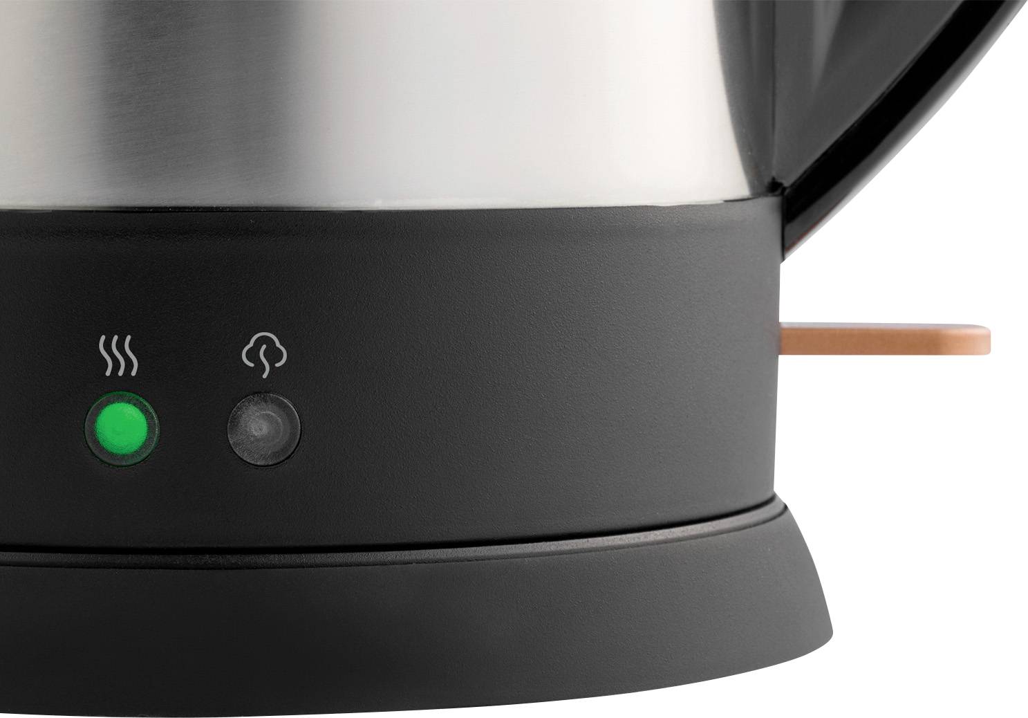 Gros plan d'une bouilloire avec deux voyants lumineux ; un vert avec un symbole de vapeur, l'autre gris avec un symbole de goutte.