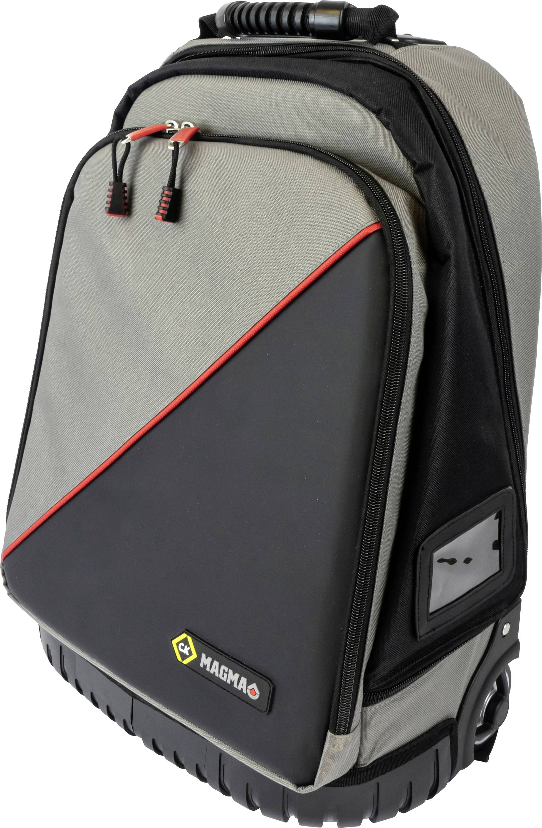 Un sac à dos gris et noir avec des accents rouges et un design robuste, conçu pour le transport sécurisé d'équipement de DJ.