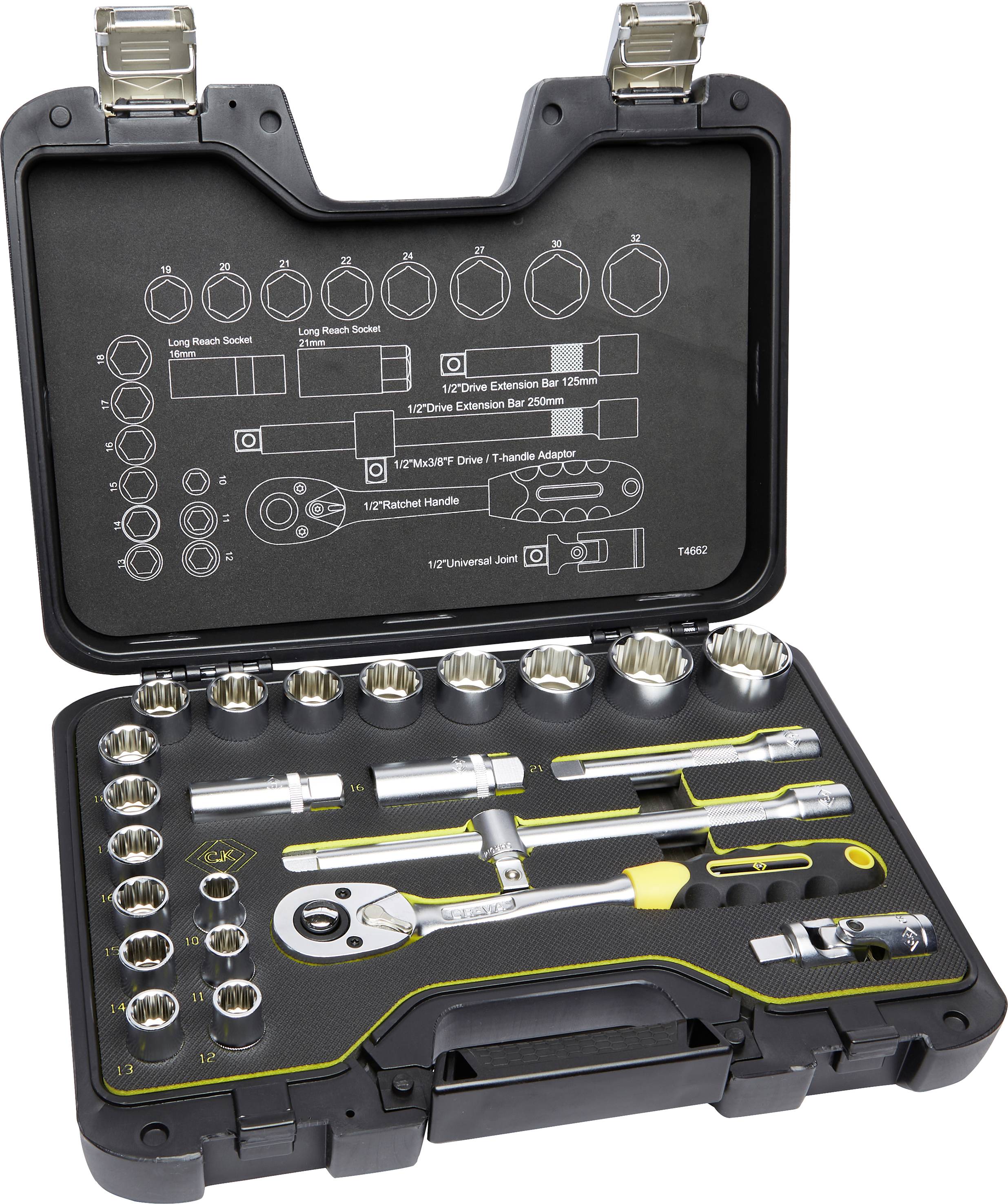 Coffret à outils avec clés à douilles, cliquet et rallonges. Contient différentes douilles et accessoires dans un coffret noir.