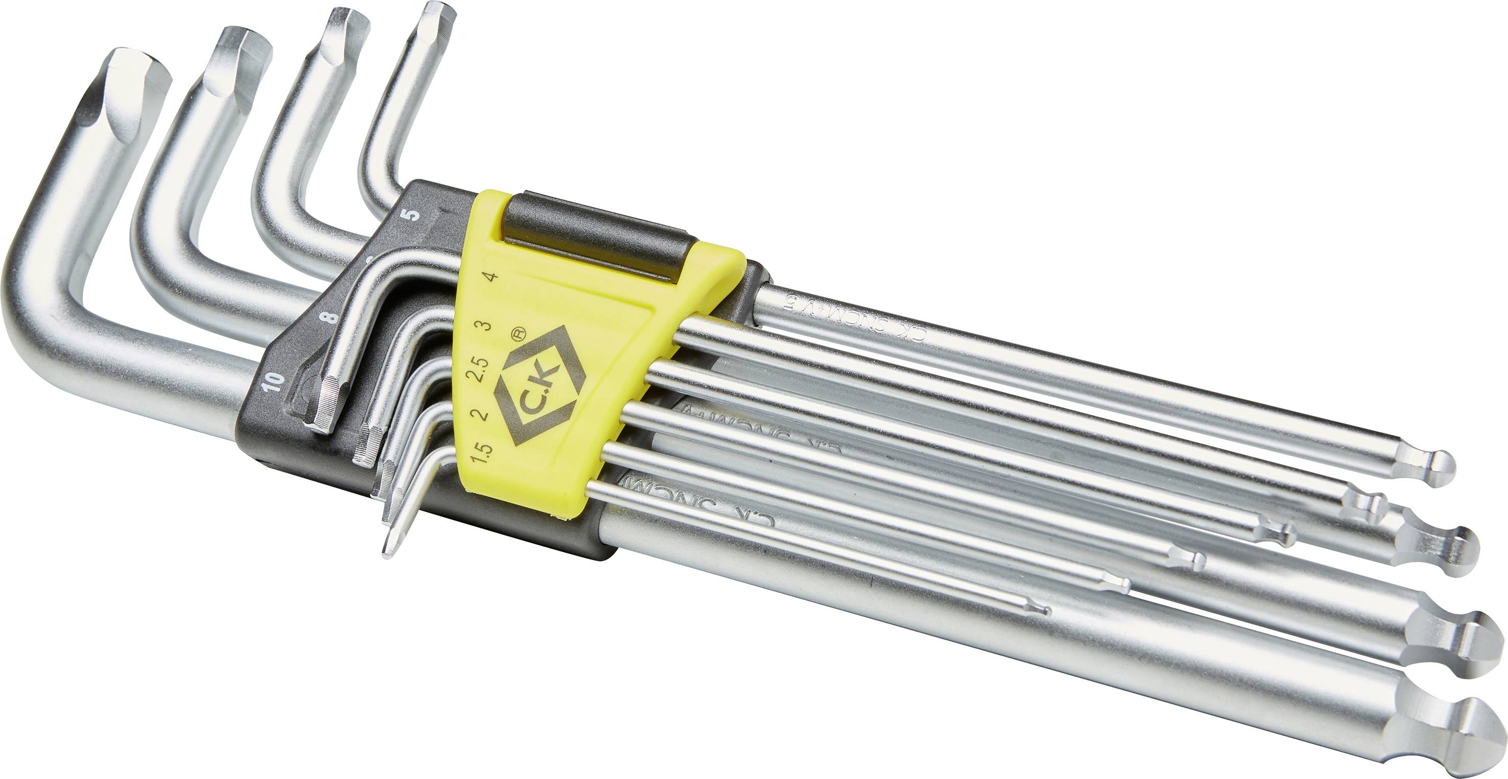 Jeu de clés Allen de différentes tailles, rangées dans un support jaune et noir. Idéal pour les travaux de bricolage.