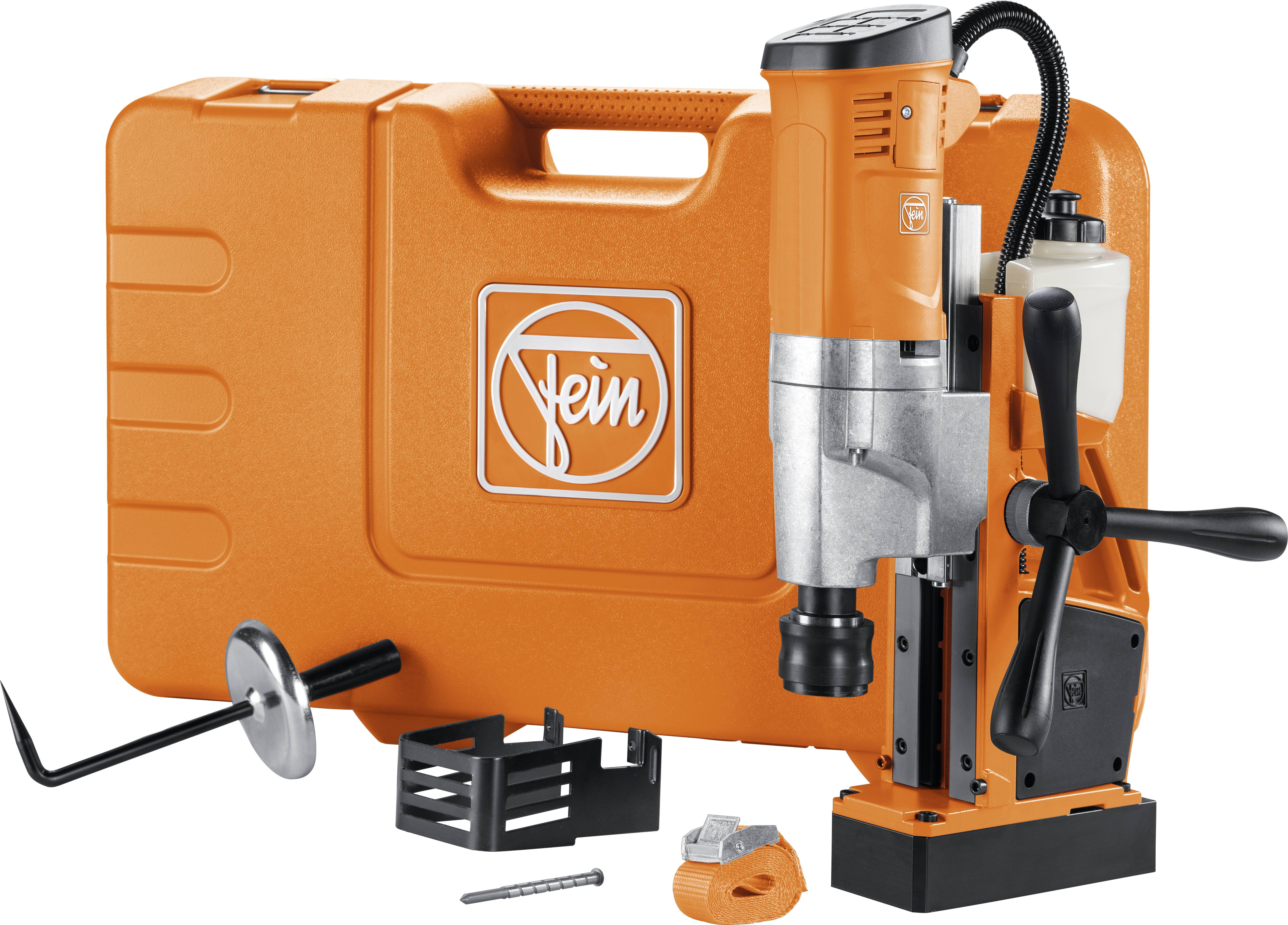 Perceuse magnétique portable orange de Fein avec accessoires et mallette. Idéale pour l'usinage précis des métaux et les applications industrielles.