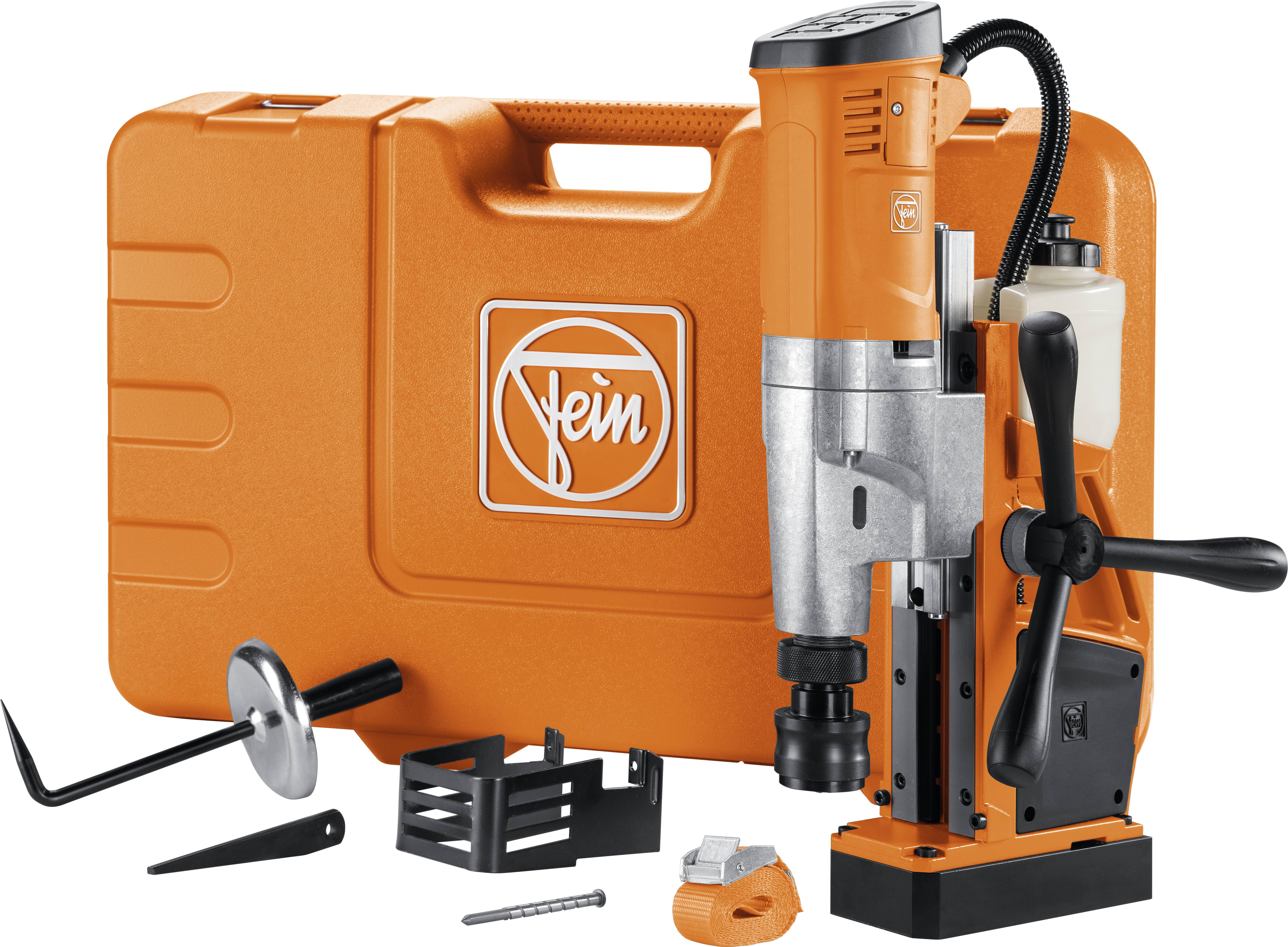 Machine de forage magnétique portable avec mallette et accessoires de Fein en orange. Idéale pour le perçage précis des métaux.