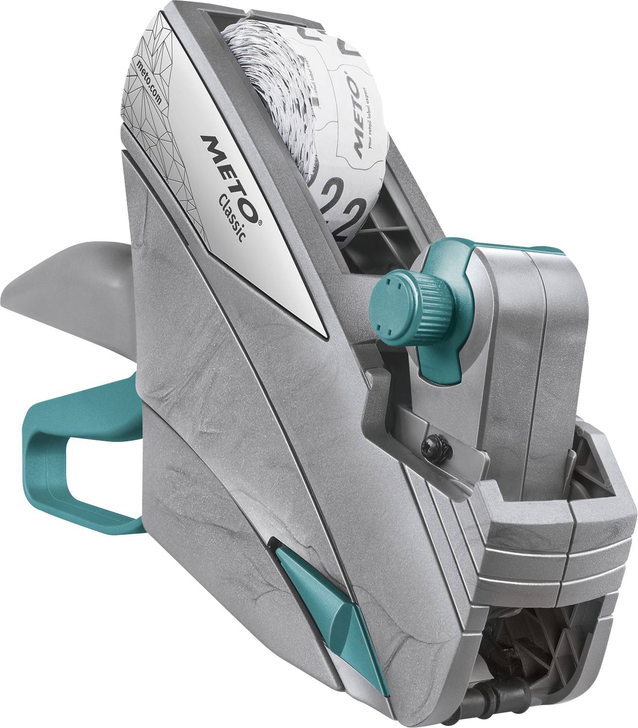 Étiqueteuse manuelle avec boîtier gris et poignée verte. Contient un rouleau de numéros pour l'étiquetage des prix.