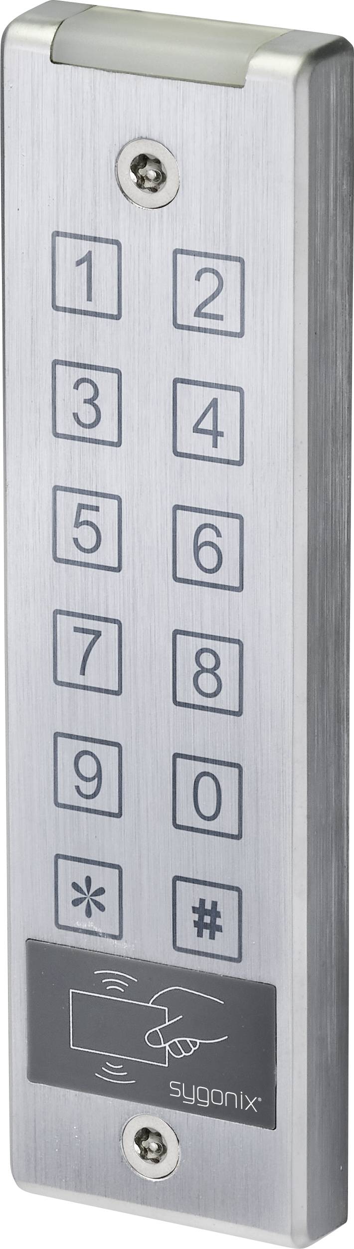 Serrure numérique métallique avec touches 0-9, étoile et dièse. Le symbole RFID en bas indique une ouverture sans contact.