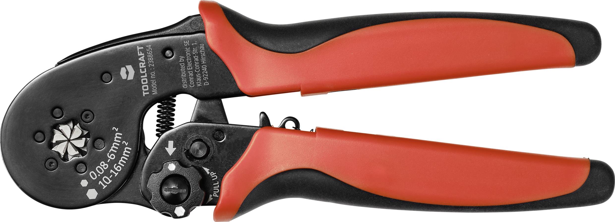 Pince à sertir à poignée rouge, adaptée pour des câbles de 0,08-10,5 mm², vue latérale, en métal et plastique.