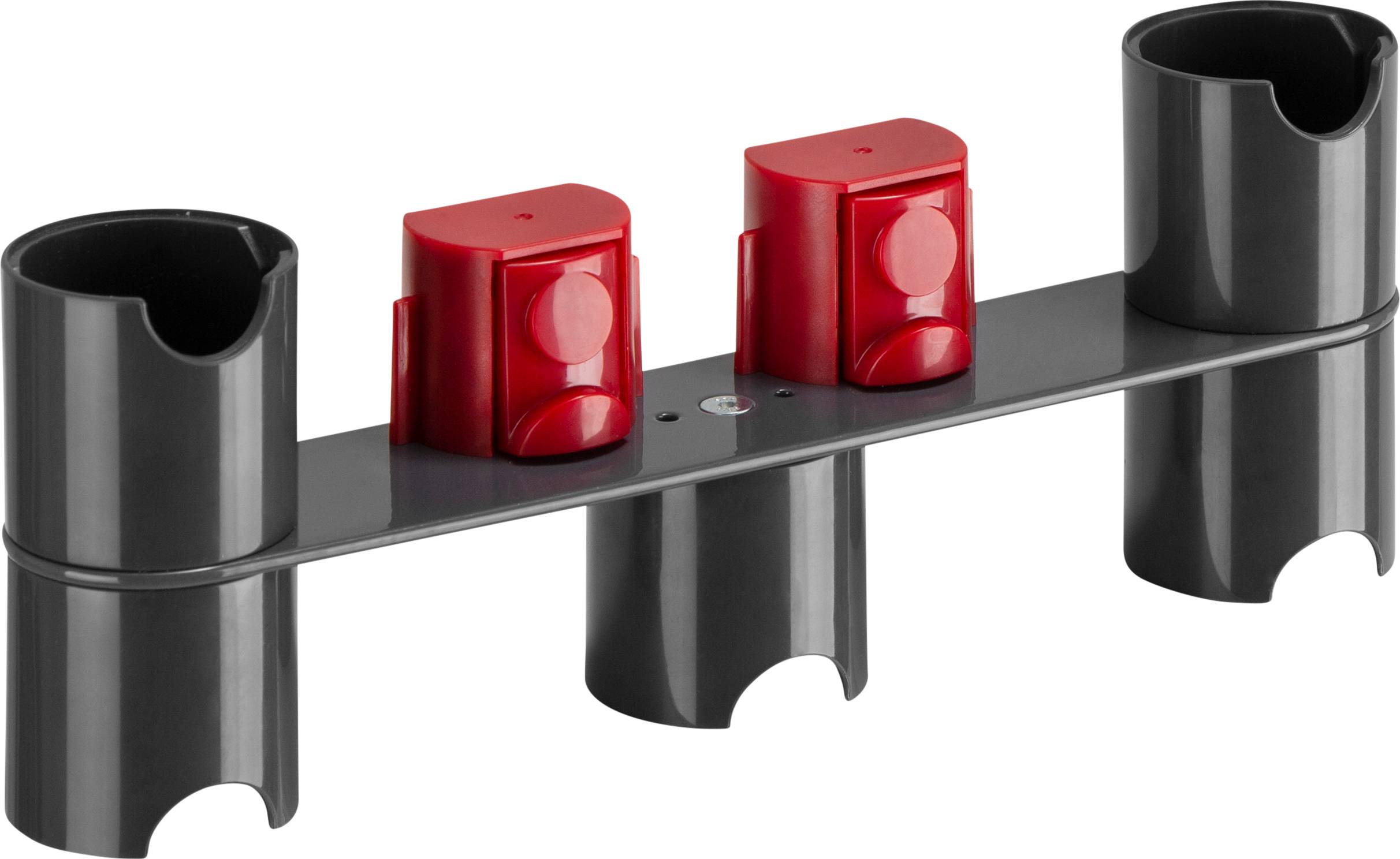 Un support gris avec quatre ouvertures rondes et deux clips rouges au centre, adapté pour fixer des manches ou des tiges.