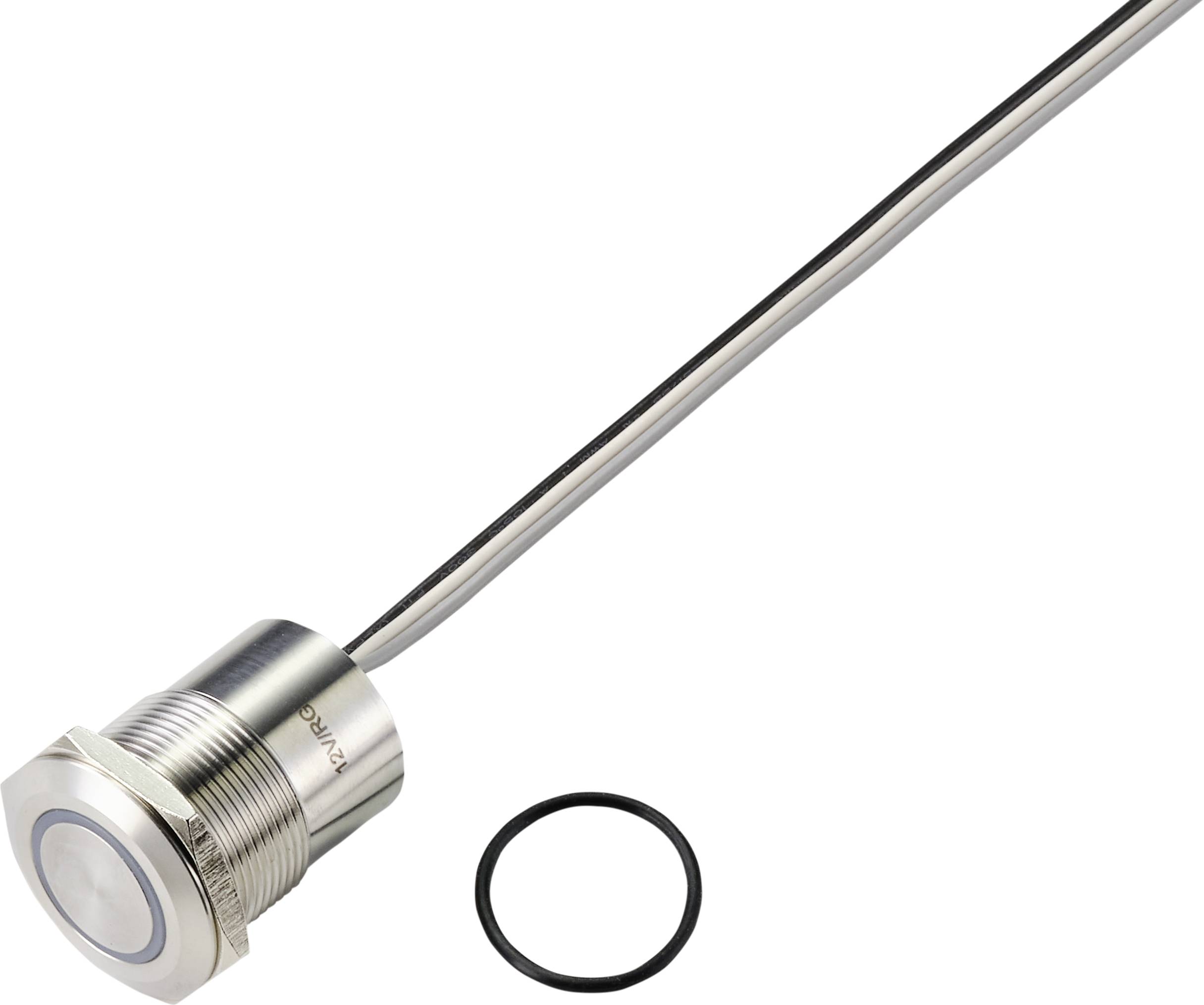 Un capteur de niveau d'eau rond, métallique, doté d'un long câble et d'un joint d'étanchéité, adapté au montage dans des systèmes hydrauliques.