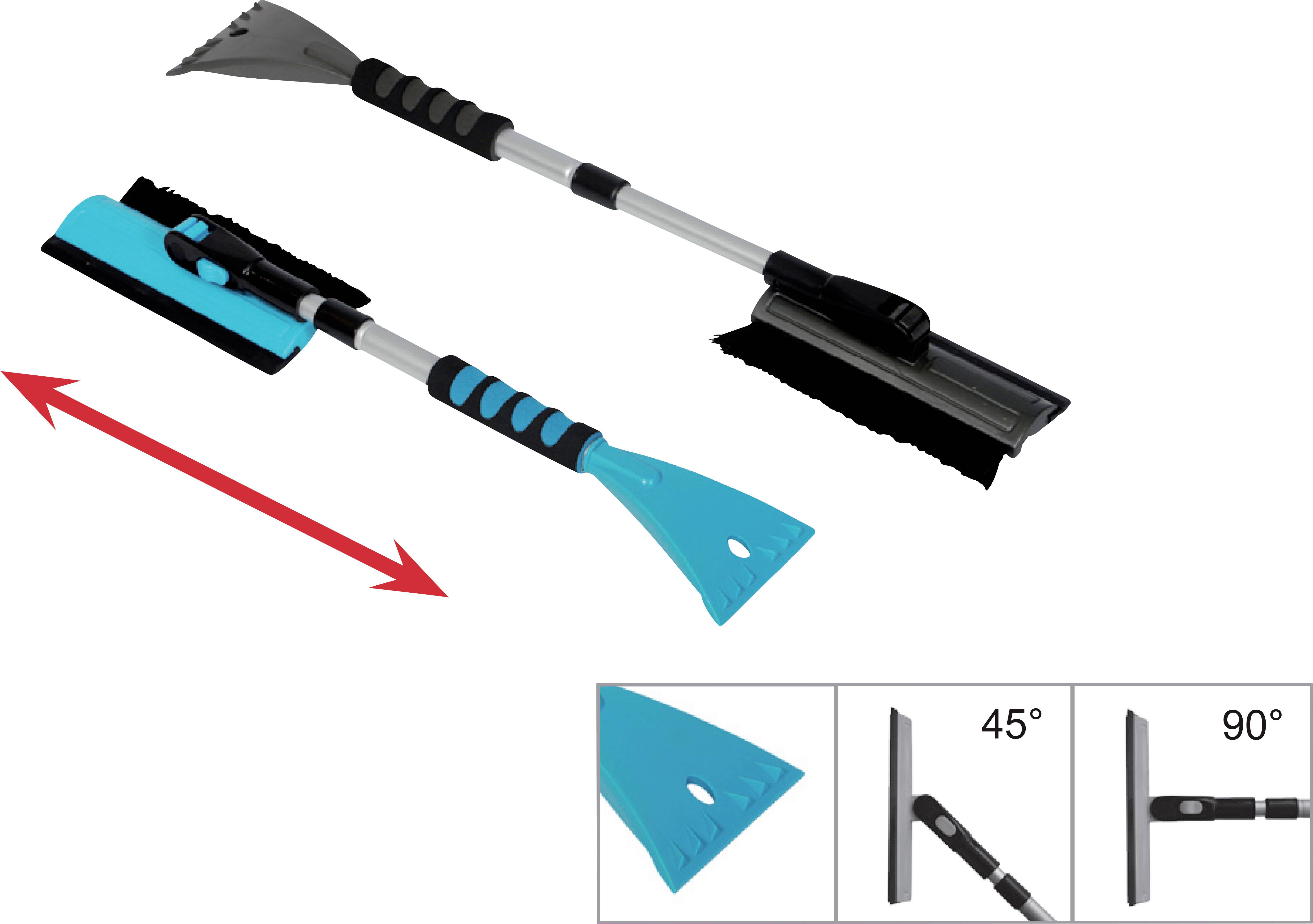 Grattoir à glace télescopique avec balai à neige et réglages d'angle variables à 45° et 90°, adapté pour enlever la neige et la glace.