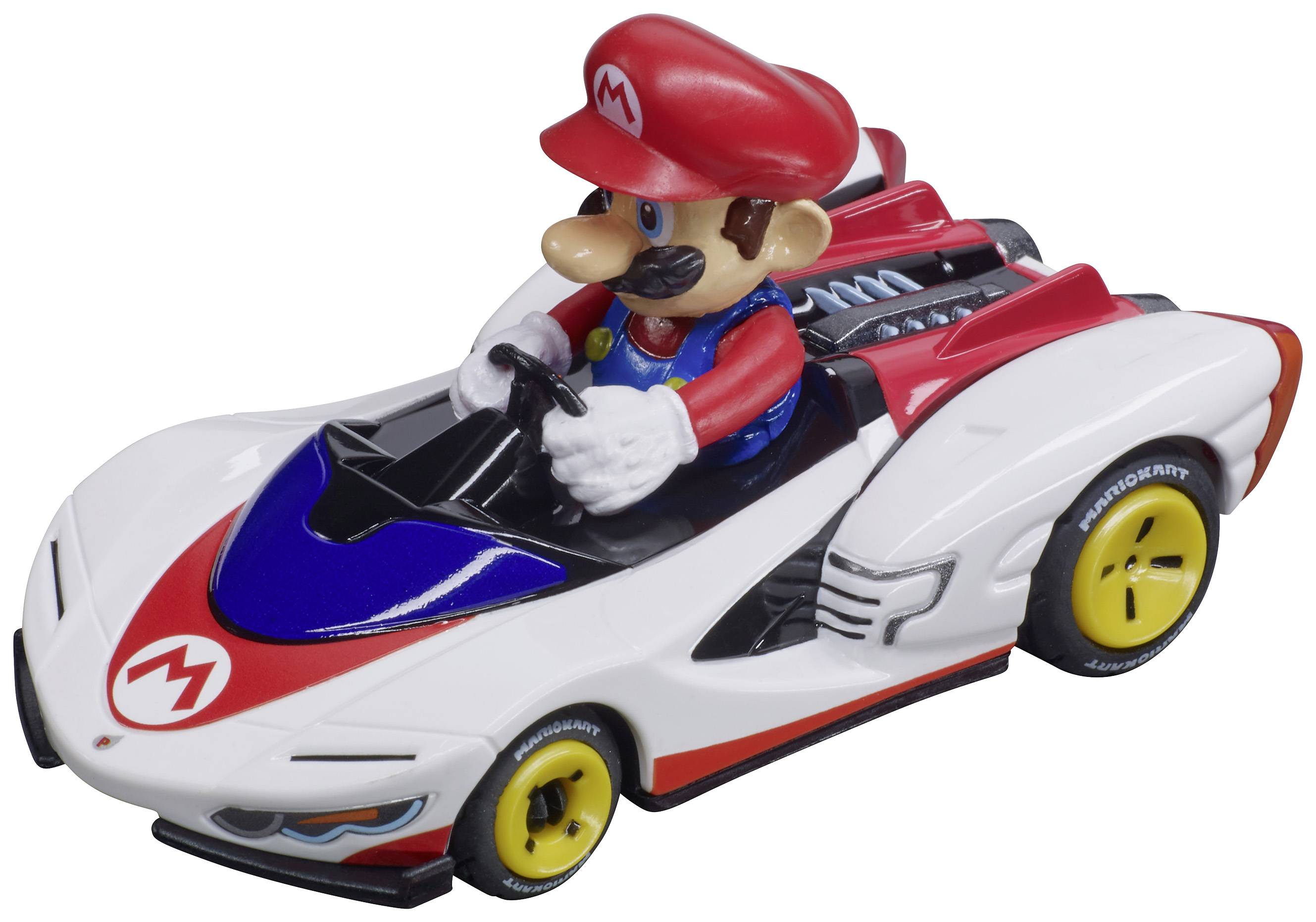 Petite voiture miniature avec une figurine de Mario au volant. La voiture présente des couleurs rouge et blanche avec des roues jaunes.