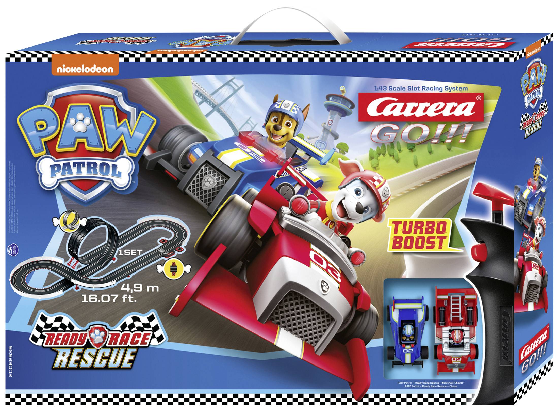 Emballage de jouet : Ensemble de circuit de course Carrera GO!!! 'Pat' Patrouille', montrant des figurines de chiens dans des voitures de course. Comprend circuit, voitures et accessoires.