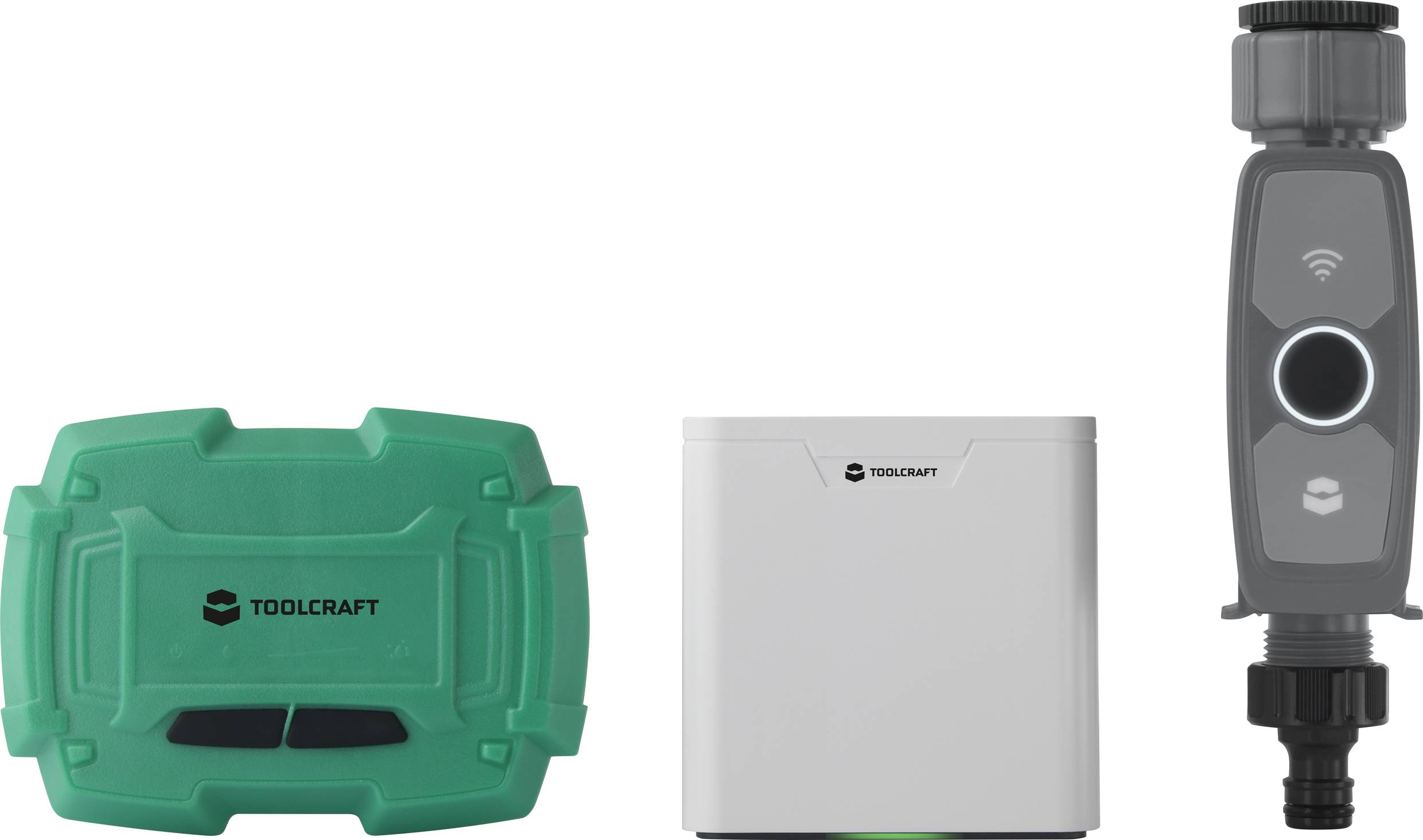 L'ordinateur d'irrigation Wi-Fi Toolcraft présente un boîtier de commande, un module de contrôle et un raccordement de tuyau pour l'arrosage du jardin.
