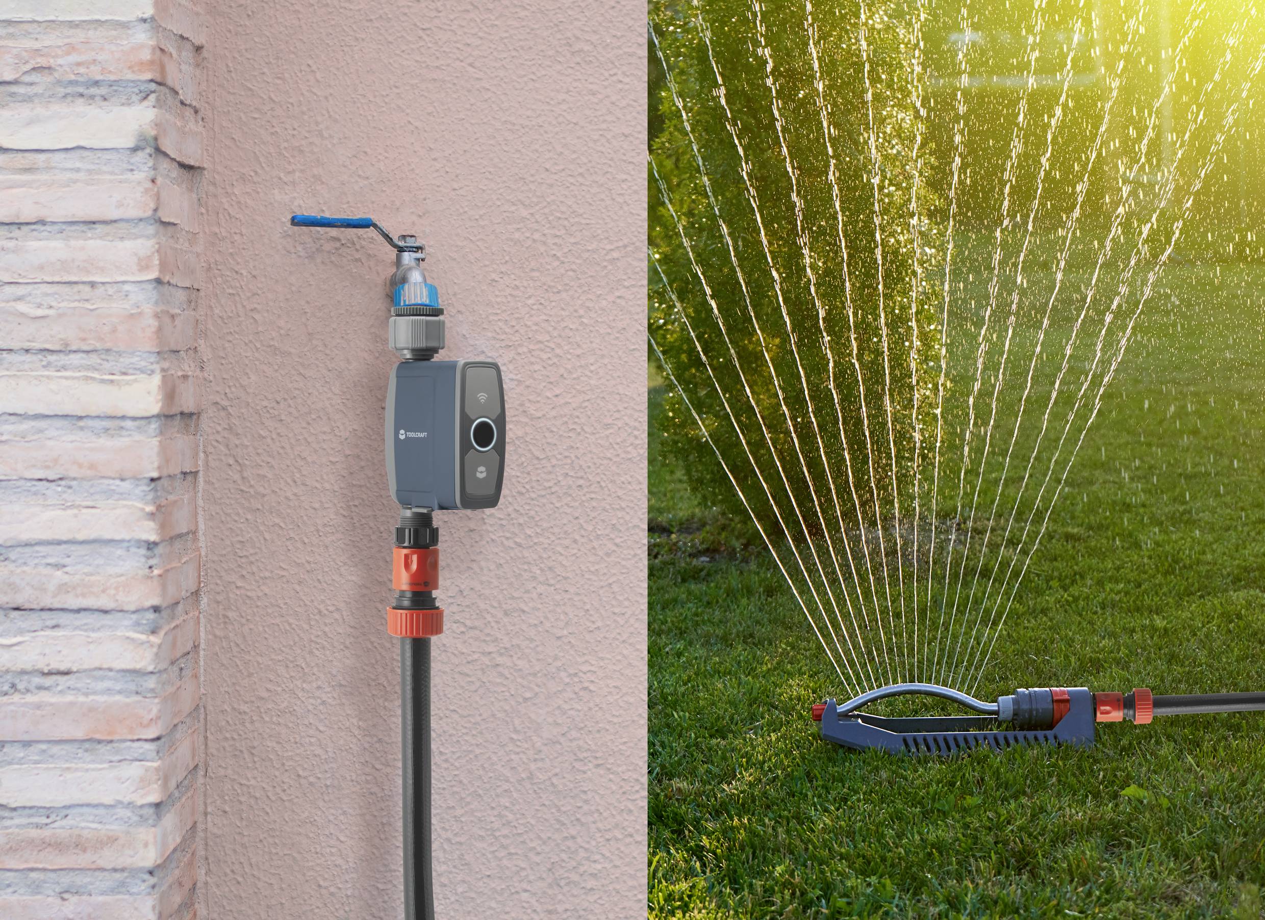 Système d'irrigation avec programmateur : Une vanne d'irrigation sur un mur commande un arroseur qui distribue l'eau uniformément sur la pelouse.