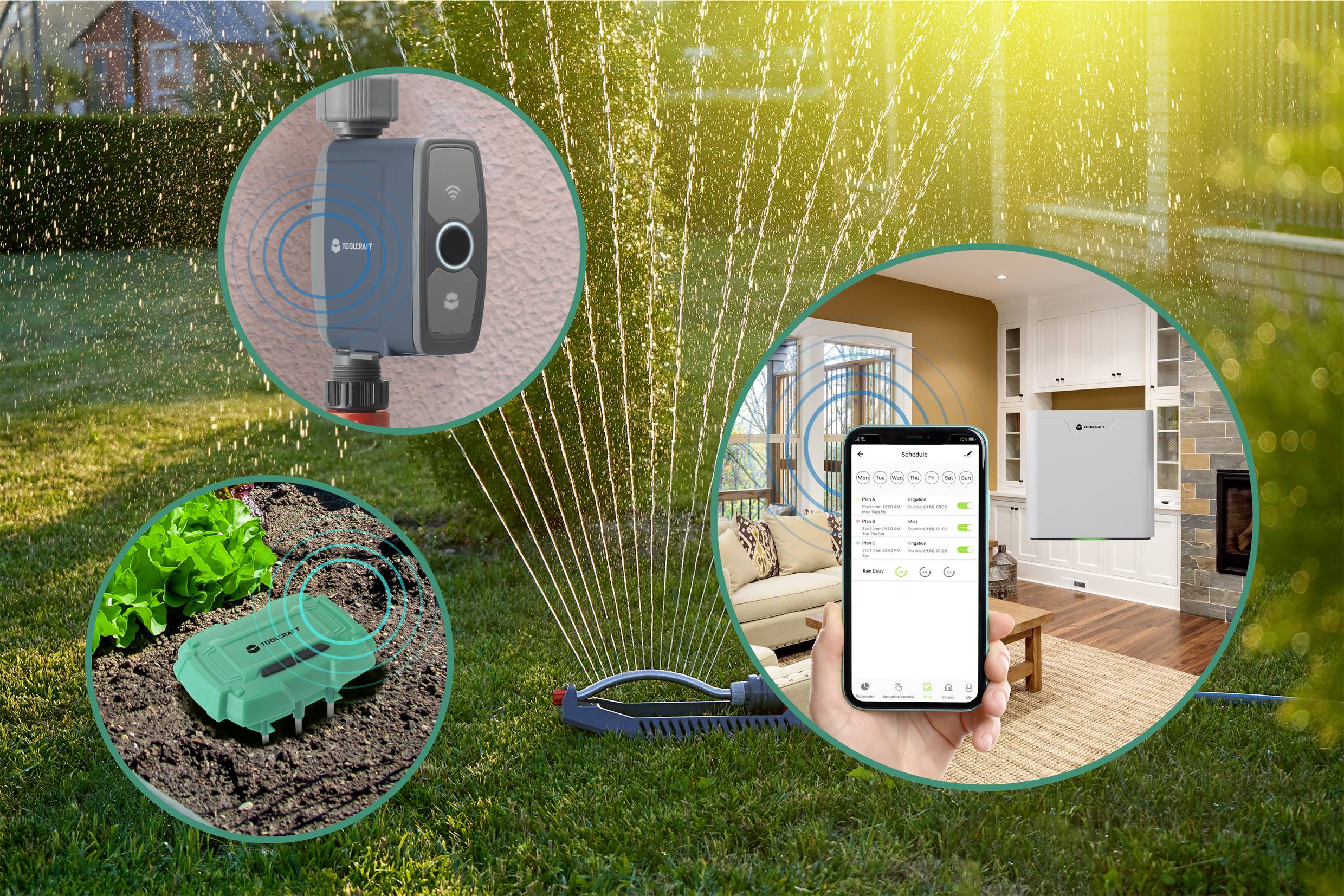 Système d'irrigation : Un smartphone affiche une application de contrôle de l'arrosage du jardin. Divers appareils sont connectés.