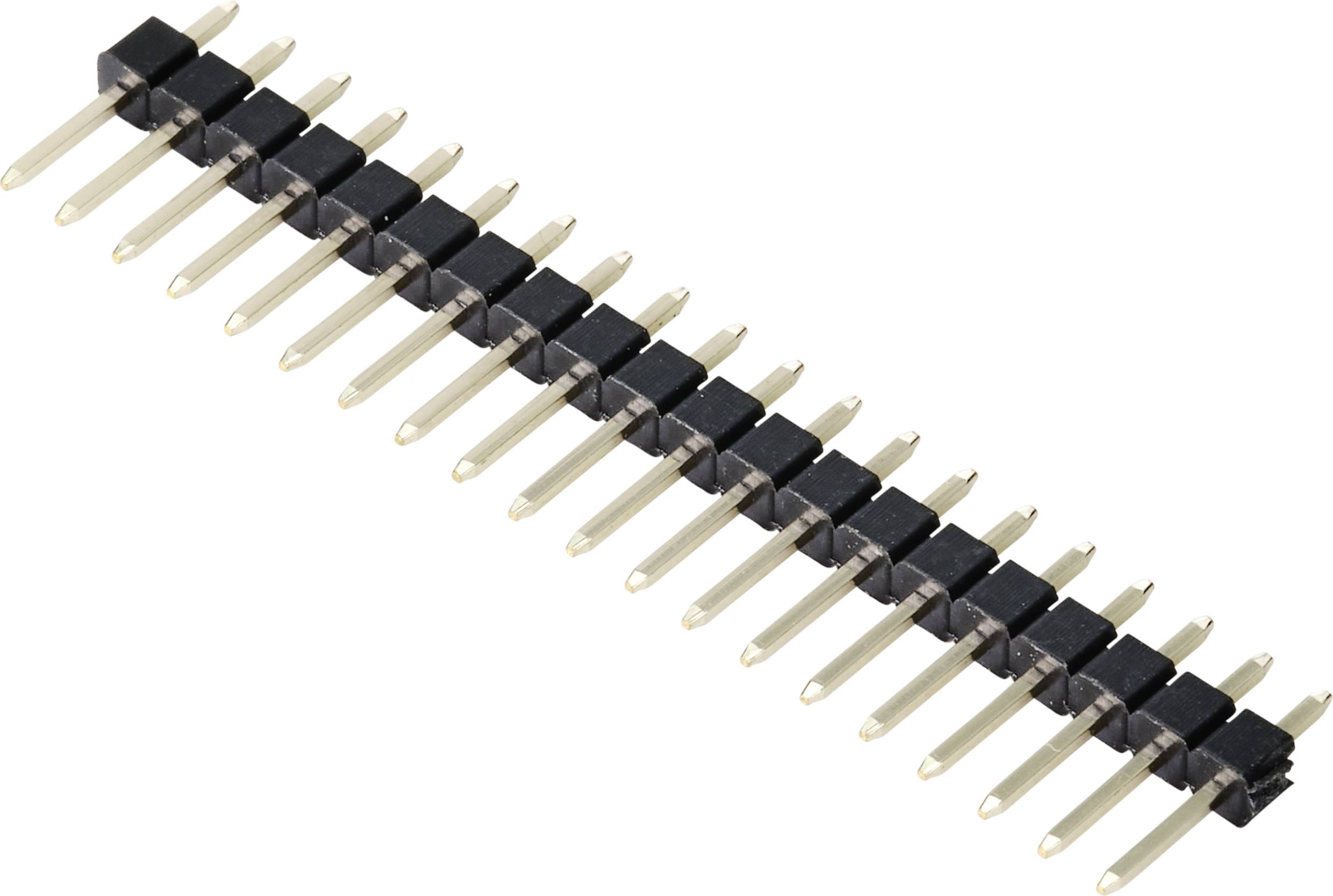 Une barrette de connexion à une rangée avec plusieurs broches métalliques, utilisée pour les connexions électriques dans les appareils électroniques.