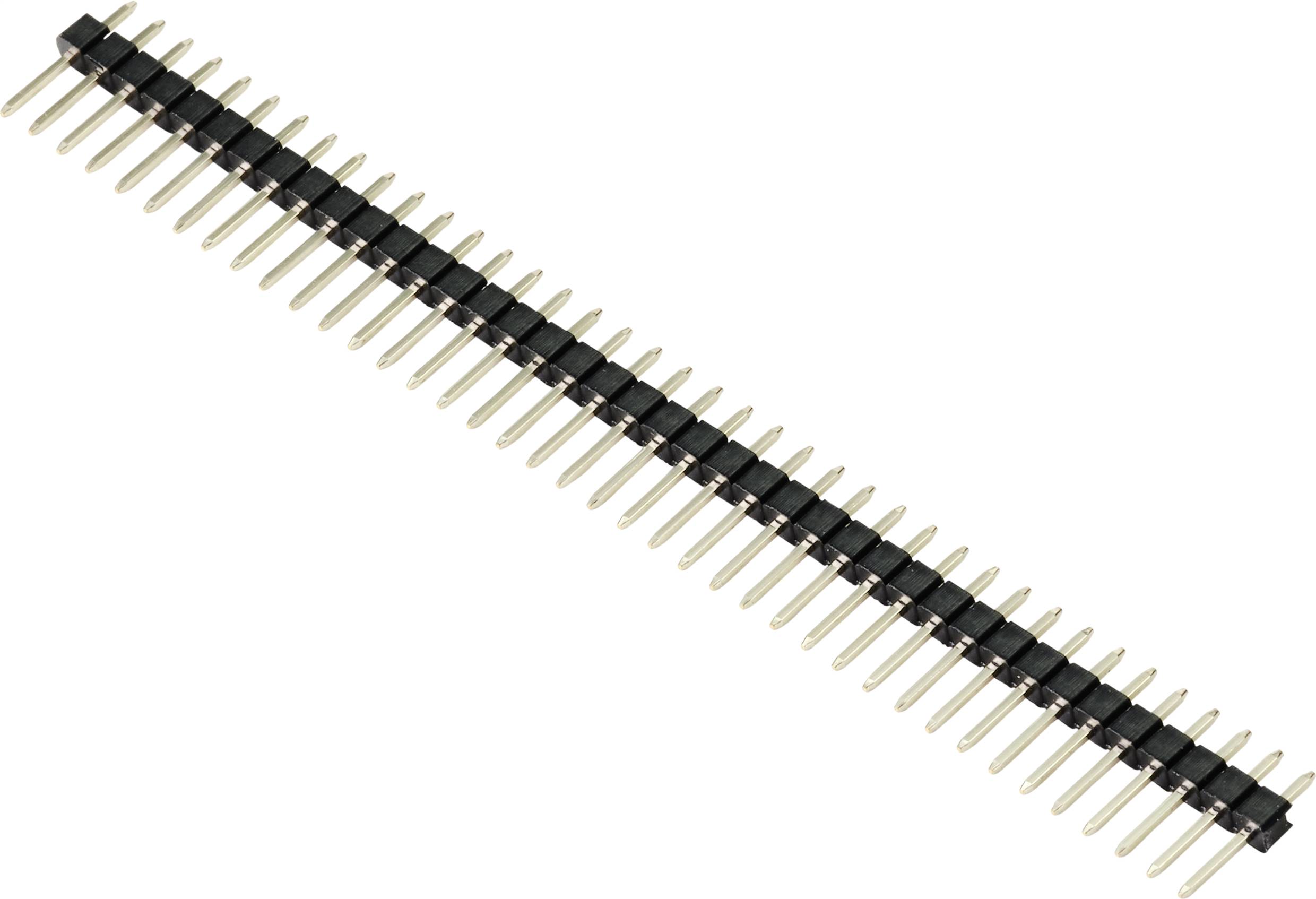 Connecteur à broches à deux rangées coudées avec boîtiers en plastique noir, adapté aux circuits électroniques et au câblage.