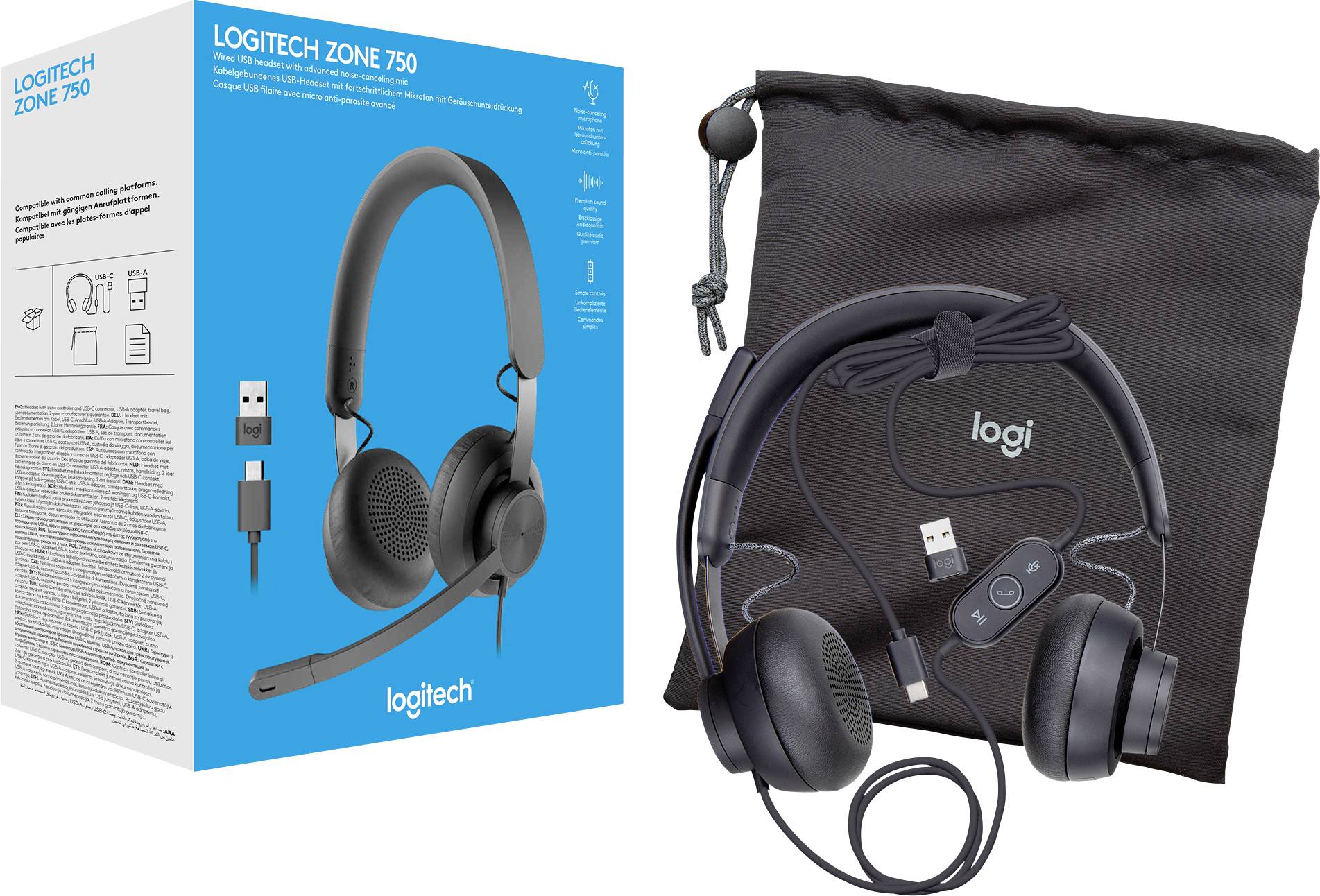 Logitech Zone 750 ordinateur Micro-casque supra-auriculaire filaire graphite Suppression du bruit du microphone volume réglable