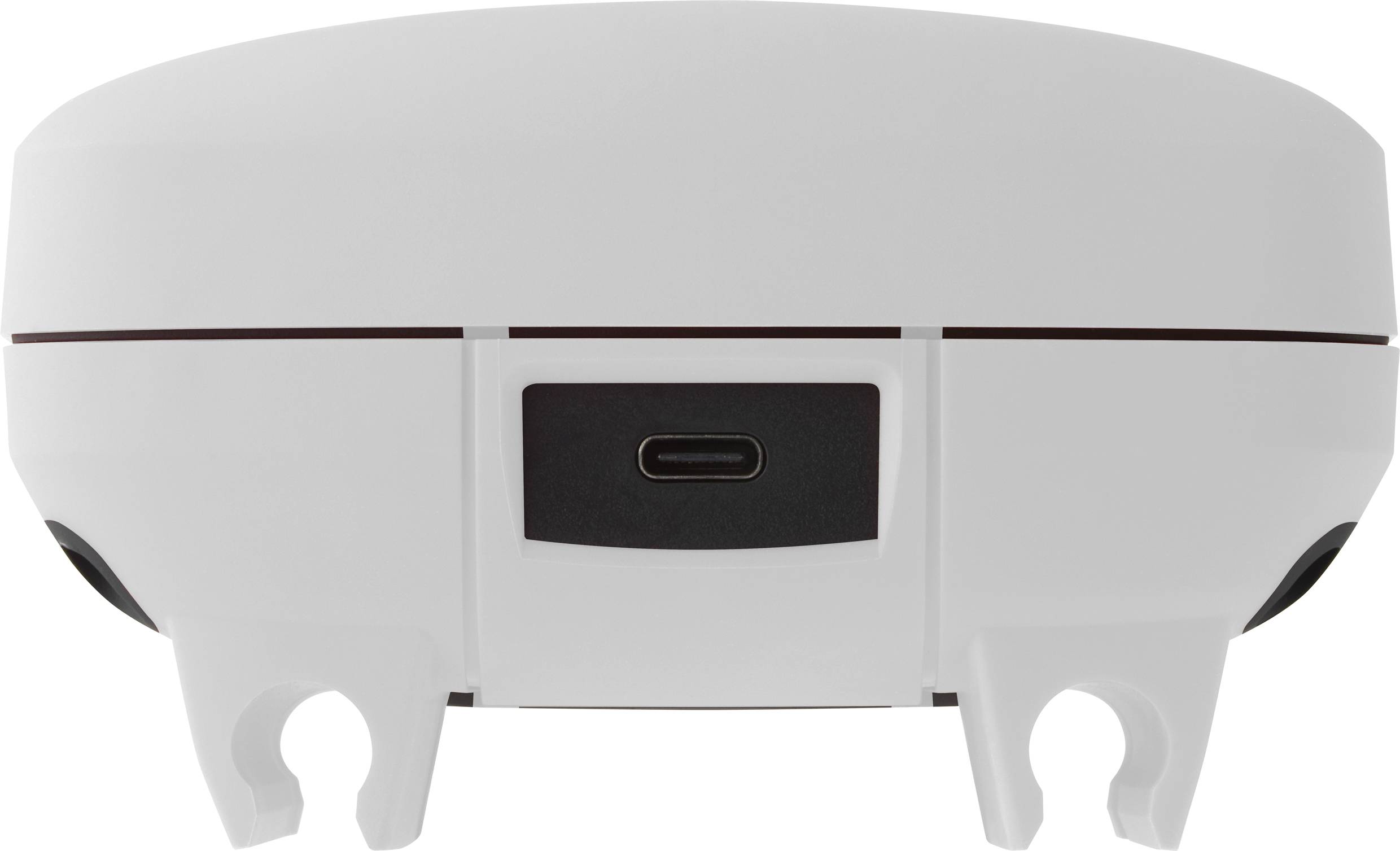 Un capteur électronique blanc, rond, avec un port USB-C à l'avant, monté sur un support, devant un fond blanc.