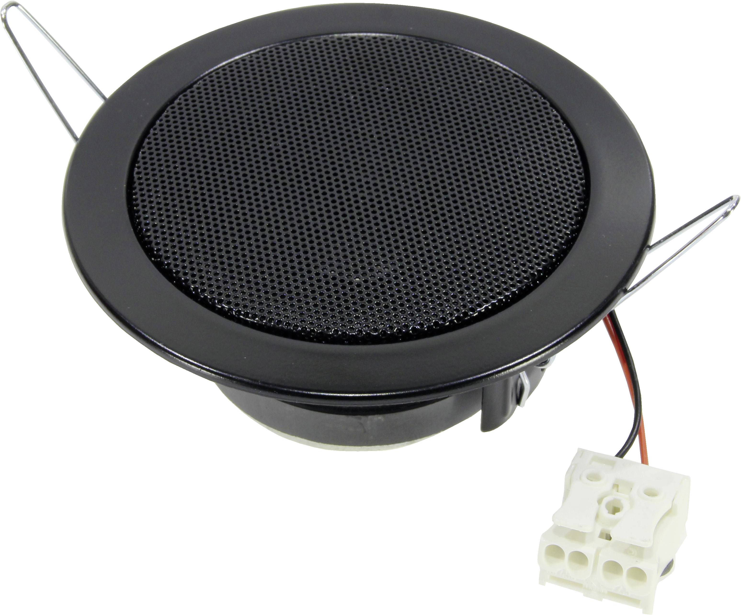 Haut-parleur noir rond avec grille de protection et connexion par câble, adapté pour une installation au plafond ou au mur dans des équipements audio.