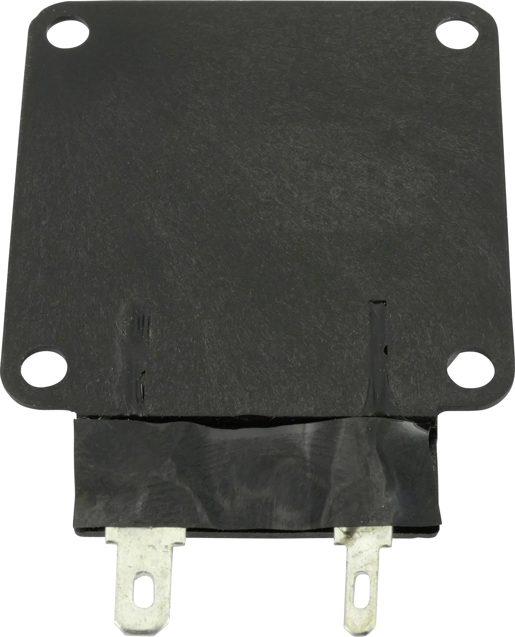 Un composant électronique rectangulaire noir avec deux contacts métalliques en bas et quatre trous de vis dans les coins.