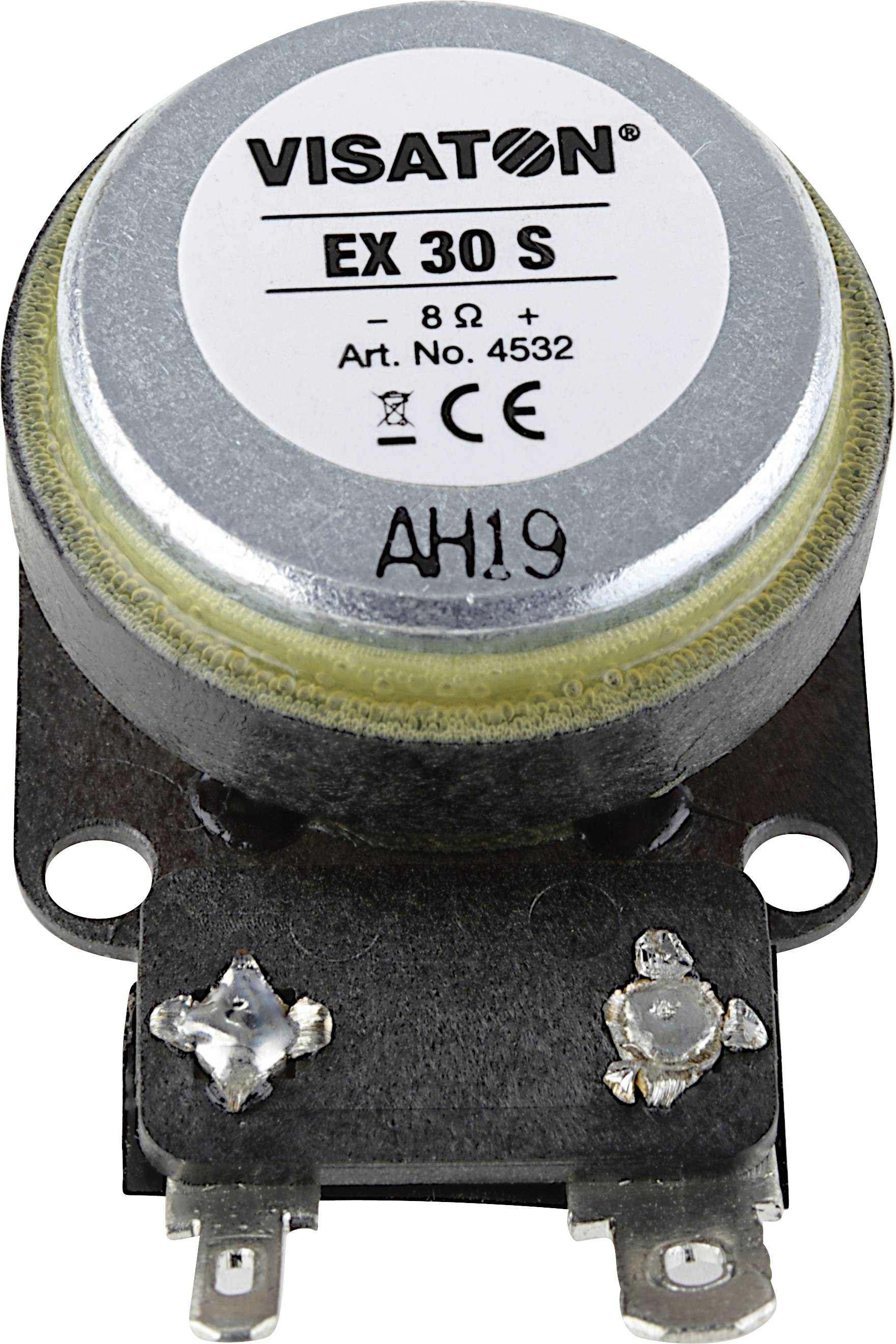 Haut-parleur à plat 'Visaton EX 30 S' de 8 ohms avec le numéro d'article 4532, boîtier argenté, vu de dessus.