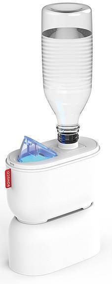 Un humidificateur blanc avec une bouteille d'eau comme réservoir sur une base blanche. Un effet lumineux bleu brille à l'intérieur.