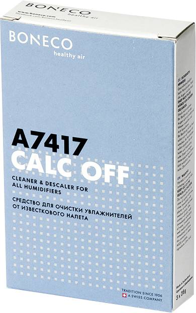 Produit de nettoyage et de détartrage 'BONECO A7417 Calc Off' pour humidificateurs, emballage en bleu clair avec texte blanc.