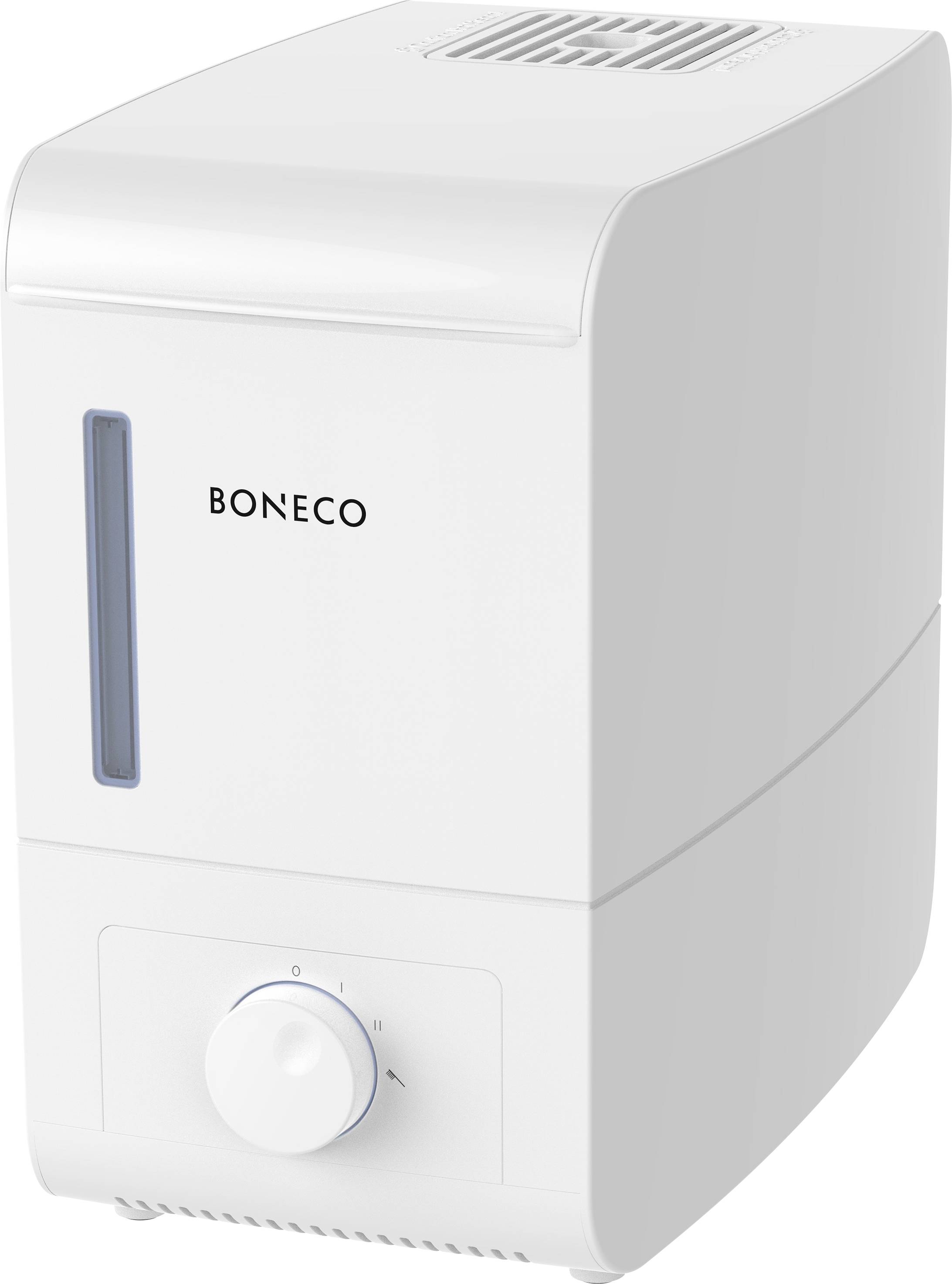 Un humidificateur blanc avec un bouton rotatif et un indicateur de niveau d'eau sur le côté.