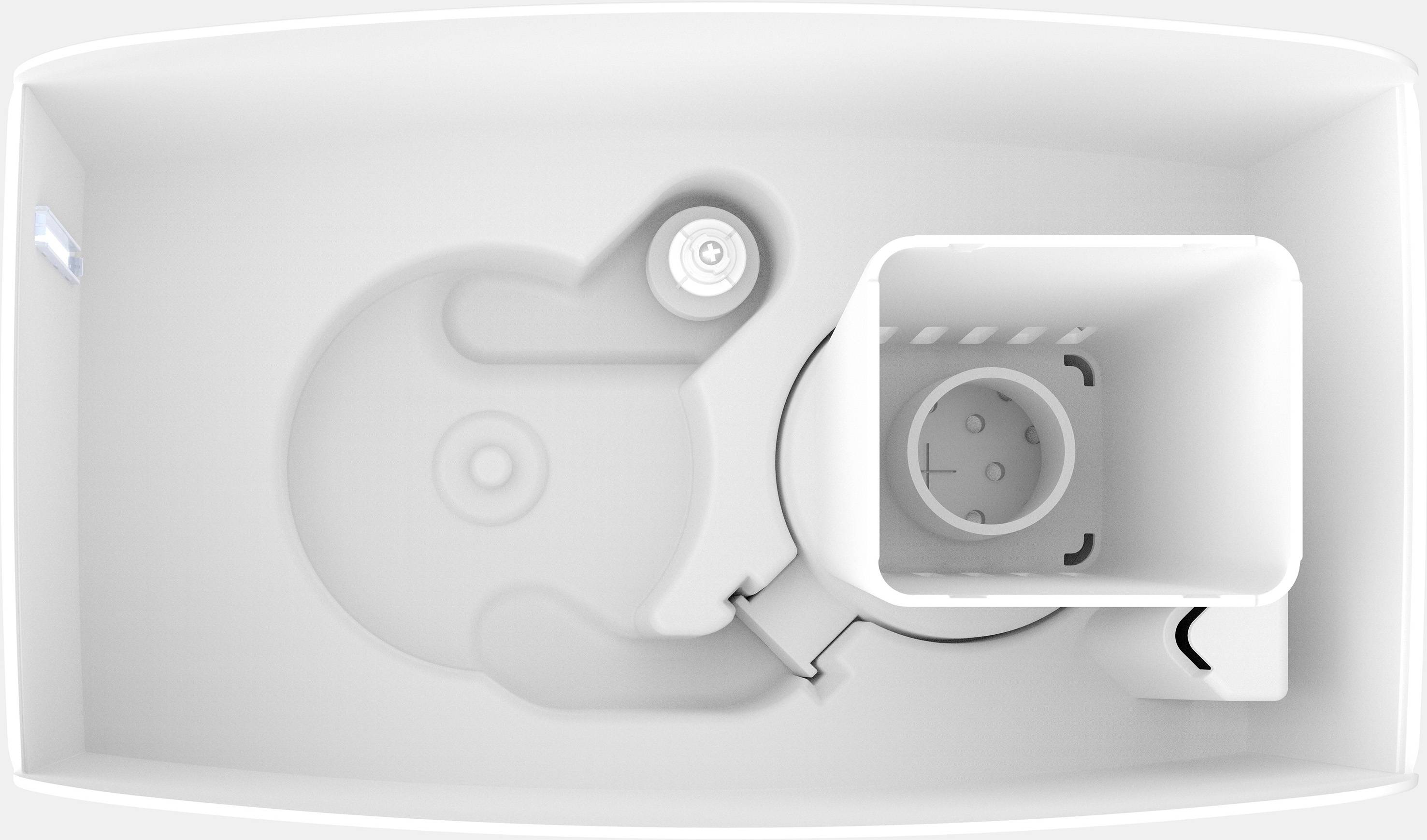 Vue intérieure d'un réservoir de toilettes blanc vide, vue de dessus. On peut y voir le flotteur rond et la soupape de chasse rectangulaire.