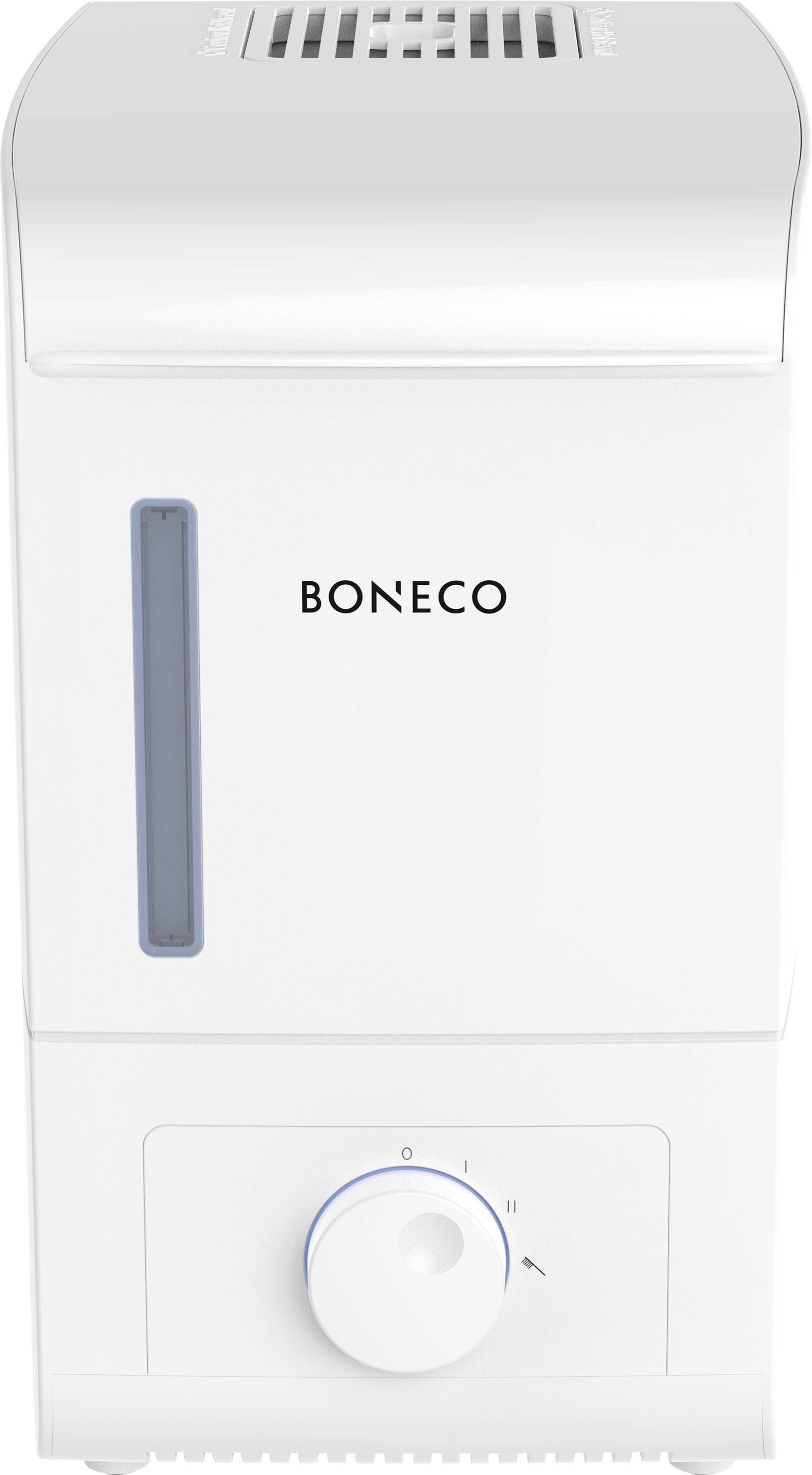 Humidificateur de la marque Boneco, boîtier blanc, bouton de commande à l'avant pour le réglage et une petite fenêtre d'affichage pour indiquer le niveau d'eau.