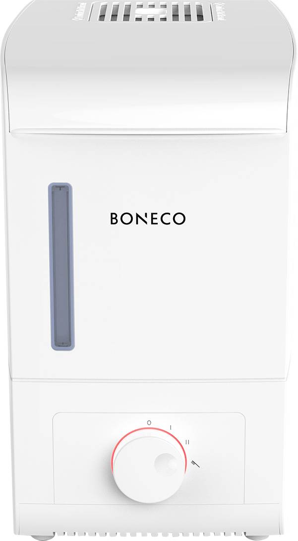 Un humidificateur blanc de la marque Boneco avec un bouton de commande à l'avant.