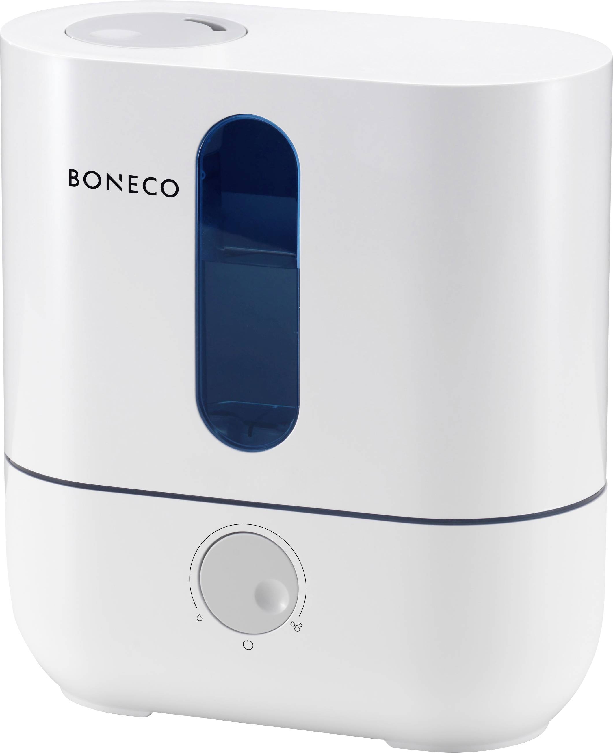 Un humidificateur blanc avec un indicateur de niveau d'eau et un bouton rotatif. 'BONECO' est inscrit en haut à gauche.