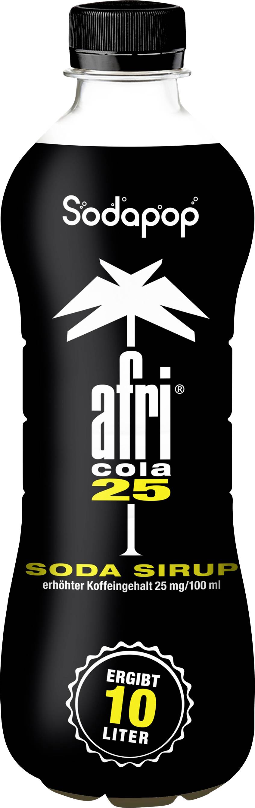 Bouteille noire portant l'inscription 'afri cola 25', 'Sirop de soda', semblant contenir de la caféine, suffisante pour préparer 10 litres de boisson.