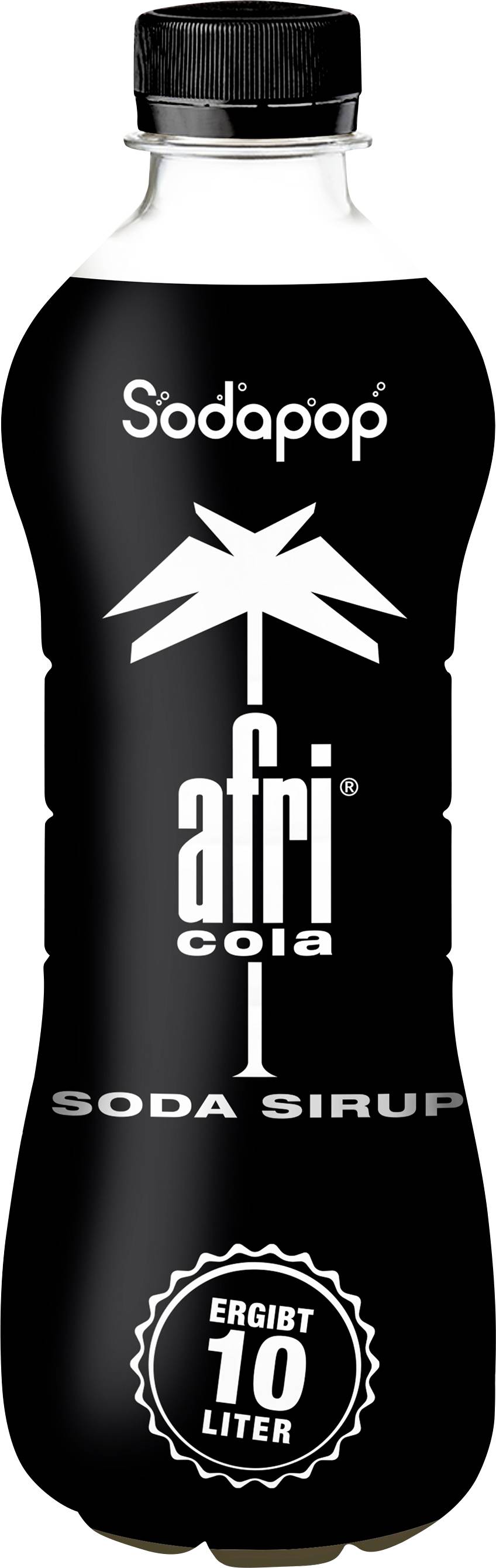 Bouteille de sirop de soda 'Afri Cola', noire, 500 ml, avec logo et texte blancs. Indication : 'Rend 10 litres'. Bouchon à vis sur le dessus.