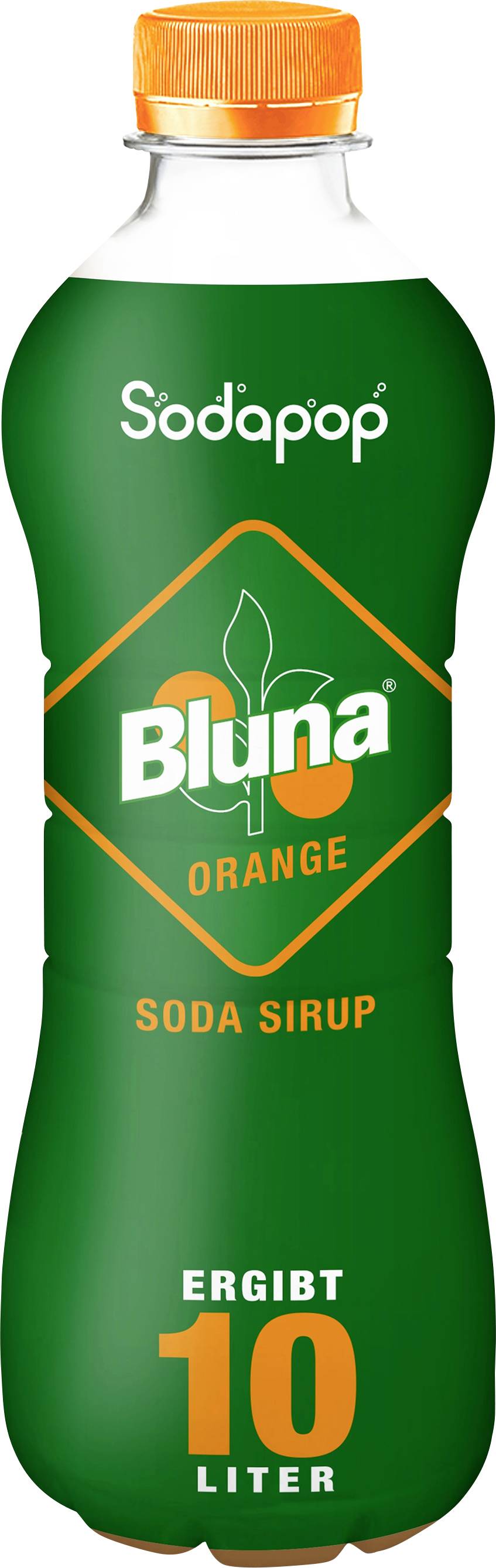 Bouteille verte Sodapop Bluna Sirop de soda à l'orange. Permet de préparer 10 litres de boisson.