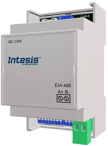 Module 'Intesis AC Unit', modèle EIA 485, pour le contrôle des systèmes de climatisation. Présente des bornes de connexion et des voyants LED d'état.