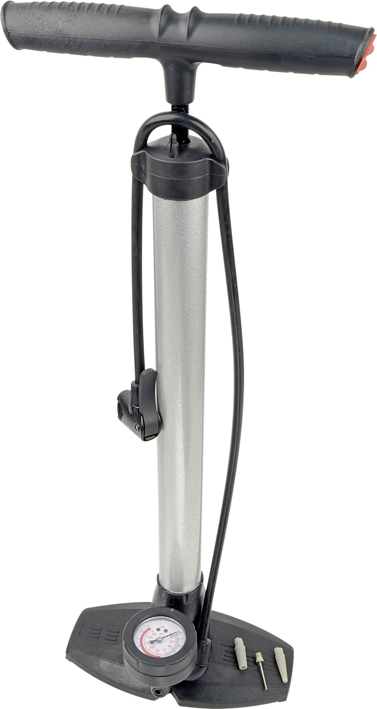 Pompe à vélo avec manomètre, poignée noire et cylindre argenté, sur un socle noir avec adaptateur de valve.