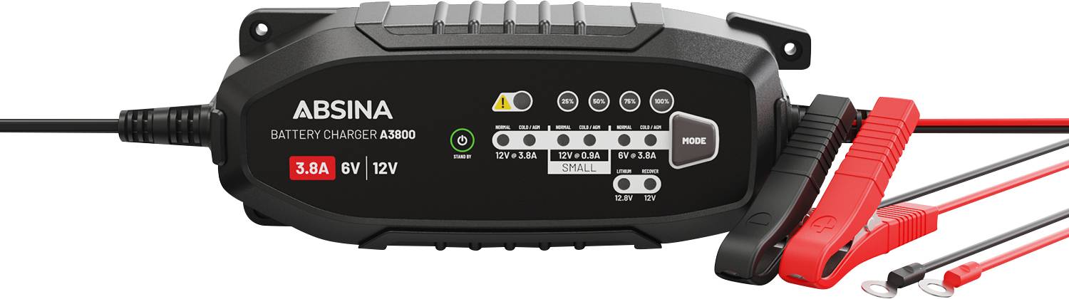 Chargeur de batterie noir de marque Absina, 3,8A pour batteries 6V et 12V. Deux câbles munis de pinces crocodile sont fixés sur le côté droit de l'appareil.