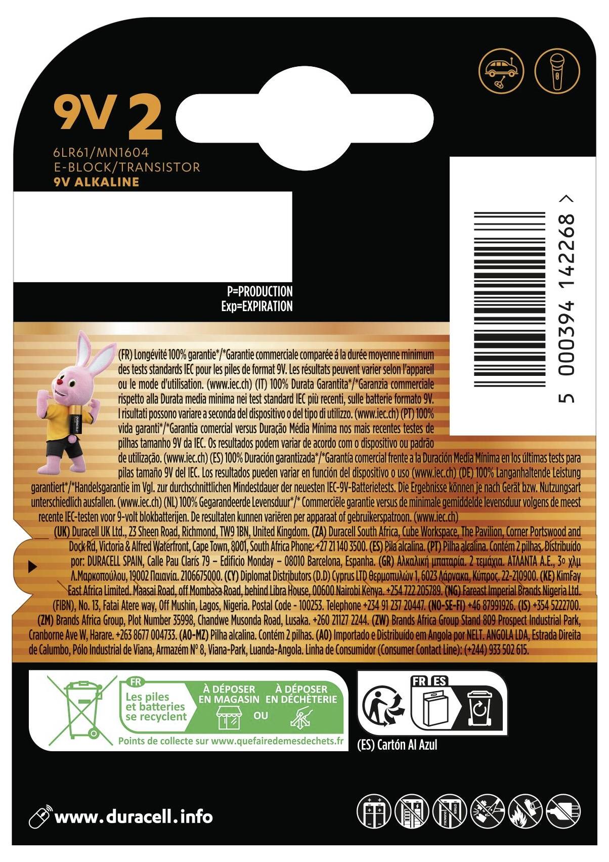 Emballage pour deux piles alcalines 9V, marqué avec un personnage de dessin animé. Comprend les détails du produit, les informations de recyclage et les directives d'expiration.