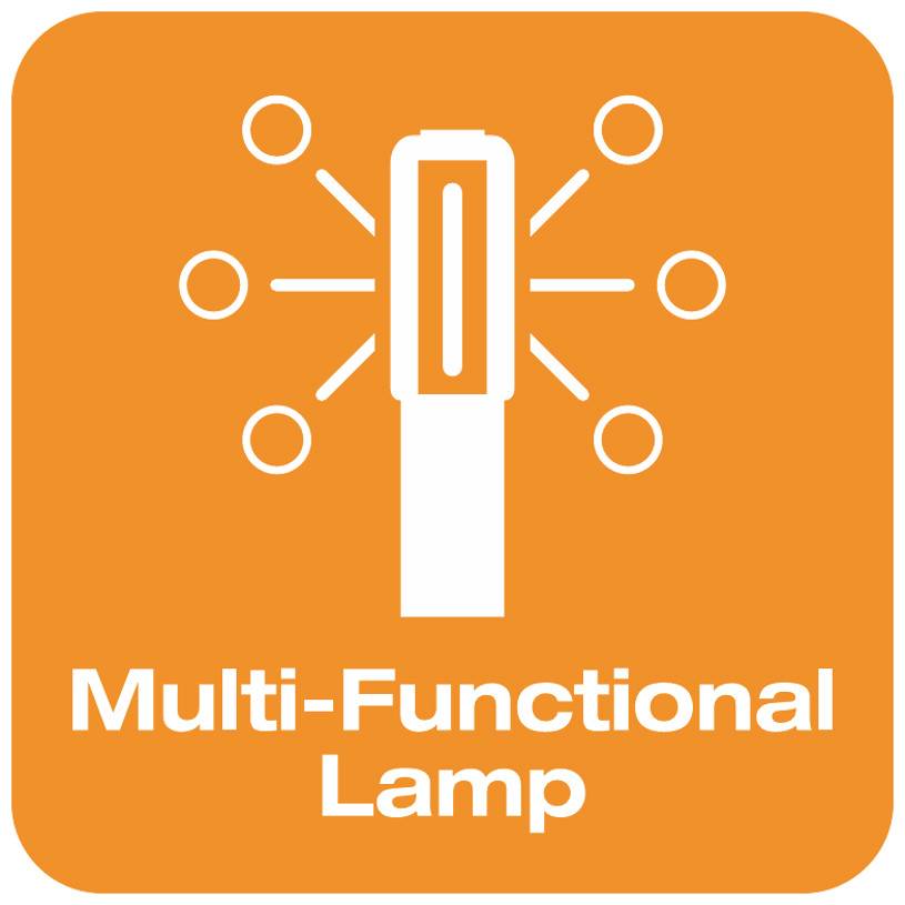 Une lampe stylisée sur un fond orange, entourée de rayons lumineux abstraits. Texte en dessous : 'Lampe Multifonctionnelle'.