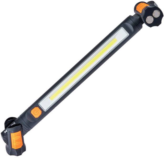 Une lampe LED portable avec deux boutons rotatifs orange et une bande lumineuse allongée. Idéale pour une utilisation en atelier ou en extérieur.