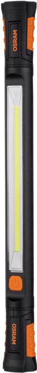 Une longue lampe de travail LED avec un boîtier noir et des accents orange, adaptée aux utilisations en atelier ou en extérieur.