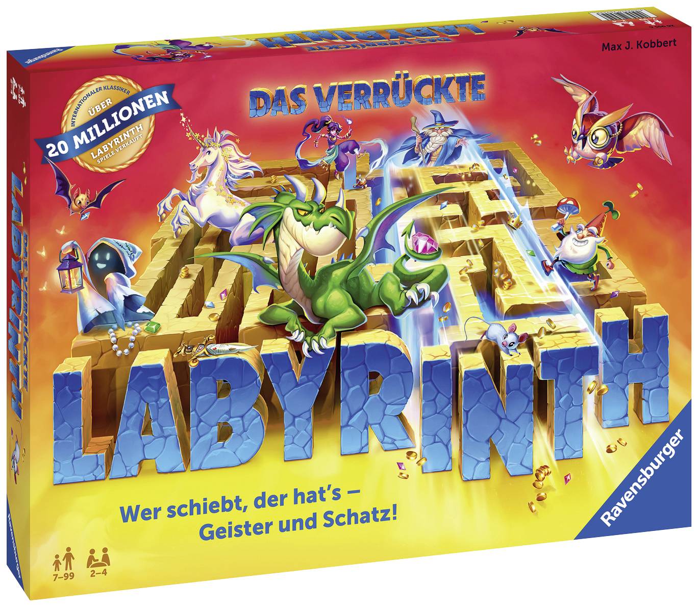 Boîte de jeu 'Le Labyrinthe Fou' avec un dragon vert, un magicien et un petit coffre au trésor sur un fond de labyrinthe coloré.