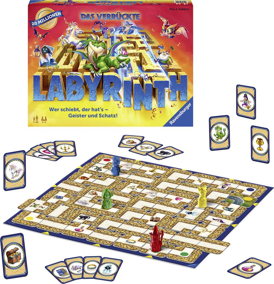 Jeu de société 'Le Labyrinthe Fou' avec un labyrinthe modulable. Les personnages se déplacent à la recherche de trésors. Objectif : collectionner les trésors.