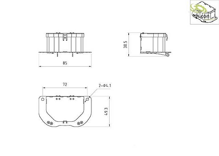 Dessin technique d'un composant avec trois vues : de face, de côté et de dessus. Dimensions de 85, 72, 38 et 49,3 millimètres. Logo en haut à droite.