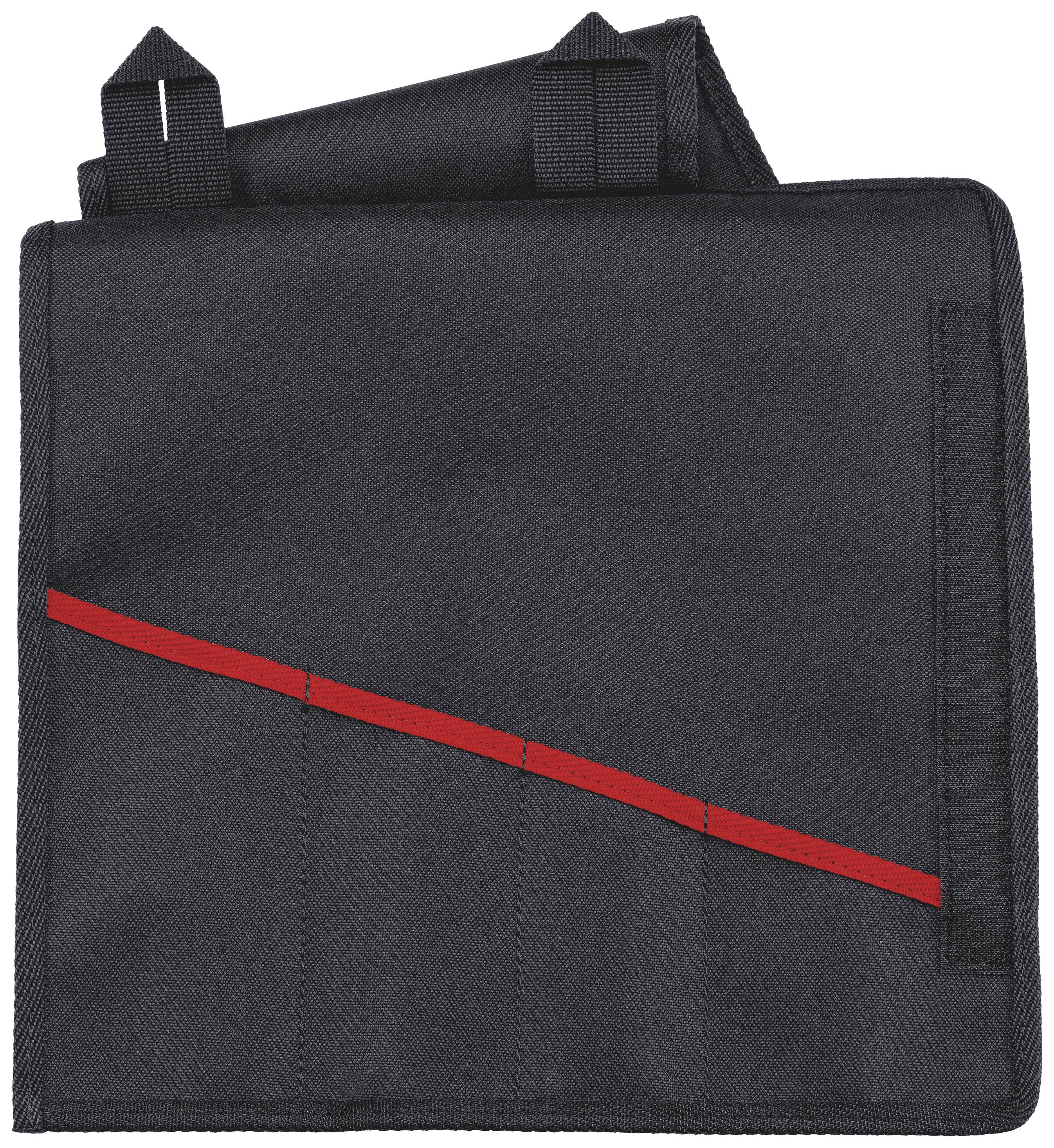 Sac en tissu noir à quatre compartiments, avec une bande diagonale rouge et deux poignées en haut.
