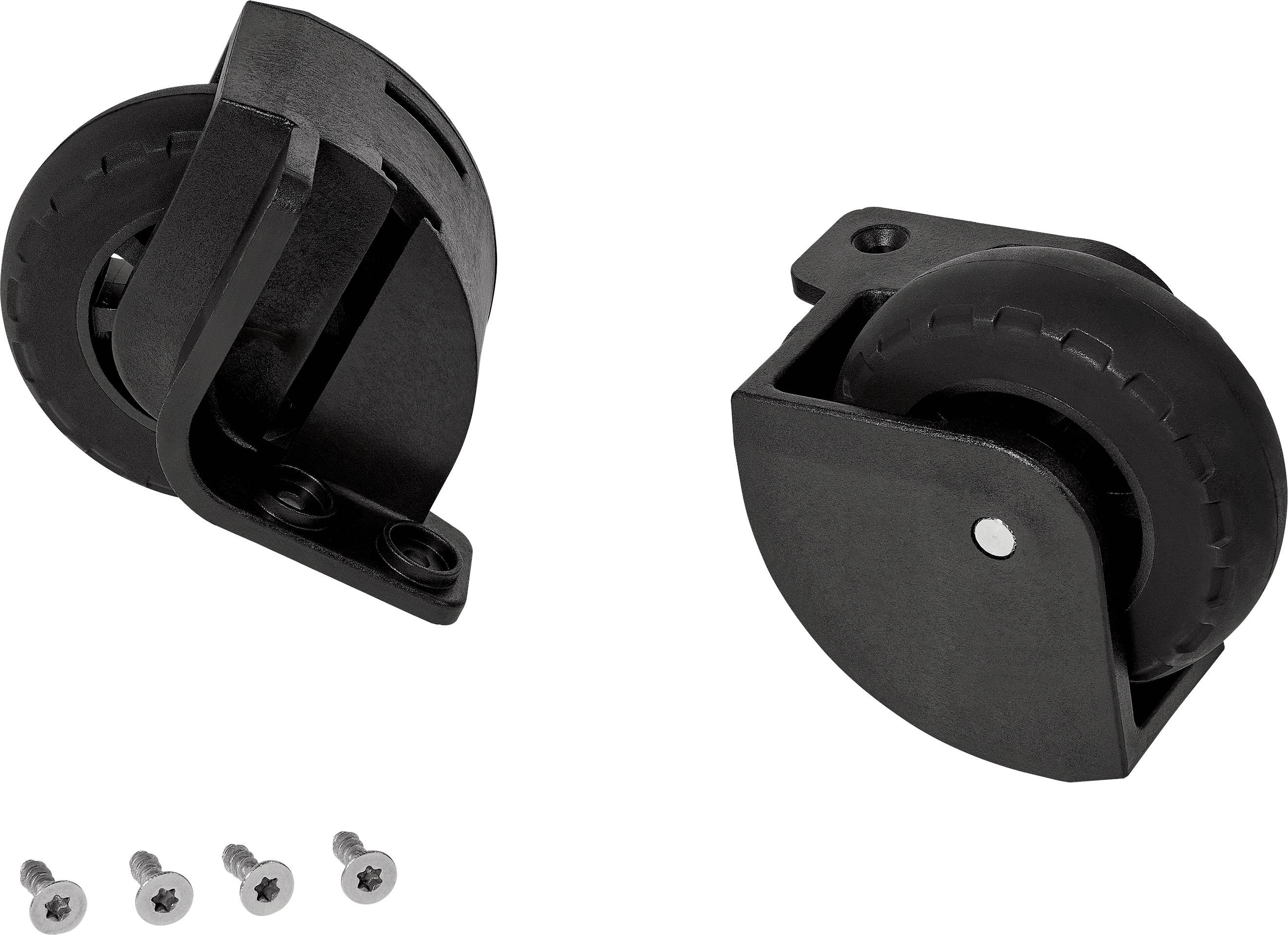 Deux rouleaux noirs avec des éléments de fixation et quatre vis qui peuvent être utilisés pour le montage.