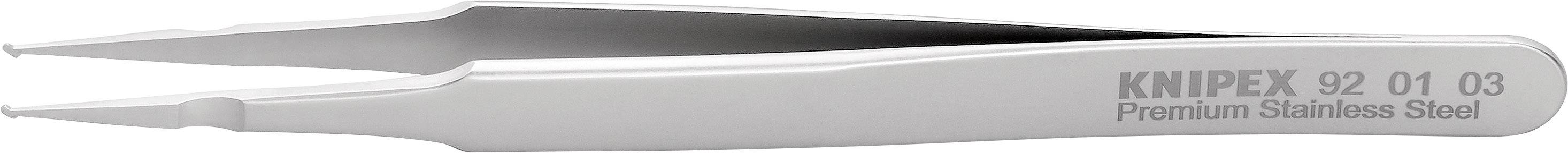 Pince à épiler en acier inoxydable, légèrement coudée, portant l'inscription 'KNIPEX 92 01 03 Premium Stainless Steel'. Idéale pour des travaux de précision.