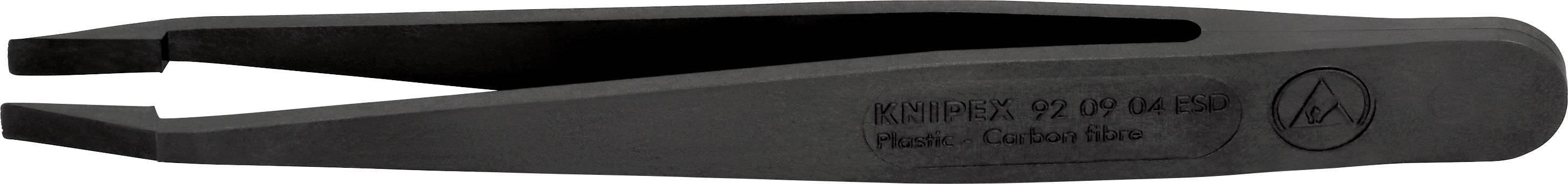 Pince en plastique noir portant l'inscription 'KNIPEX 97 49 04 AS02' et le logo sur le côté, utilisée pour saisir de petits objets.